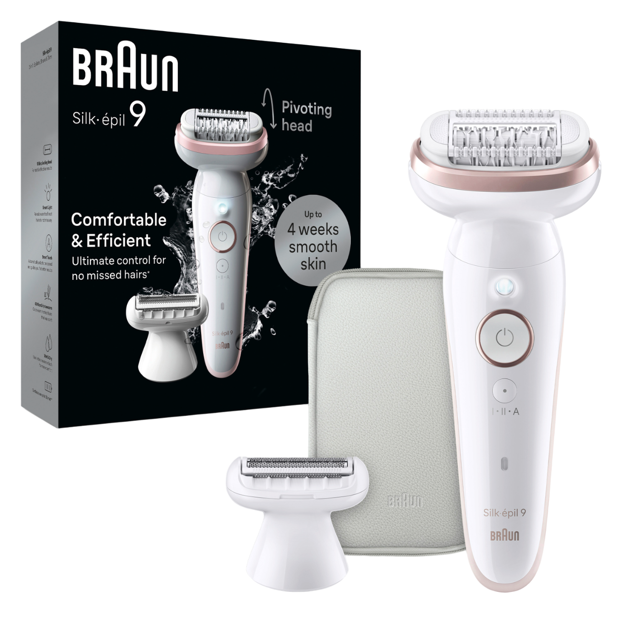 Ein weißer und roségoldener Braun Epilierer mit Zubehör und Verpackung auf schwarzem Grund.