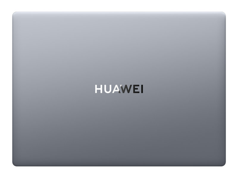 Szara pokrywa laptopa Huawei z białym logo HUAWEI.