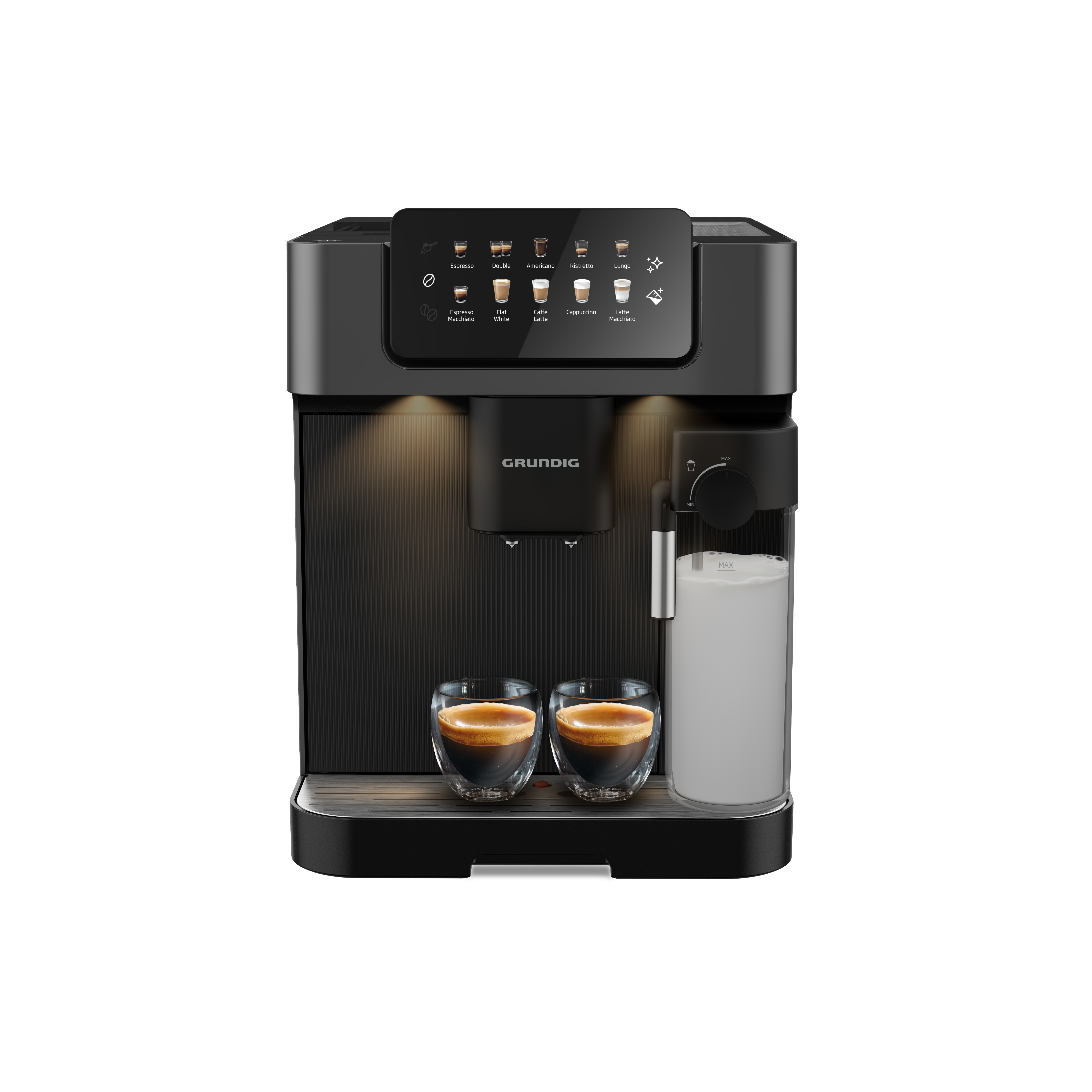 Masada iki fincan espresso ile bir kahve makinesi.