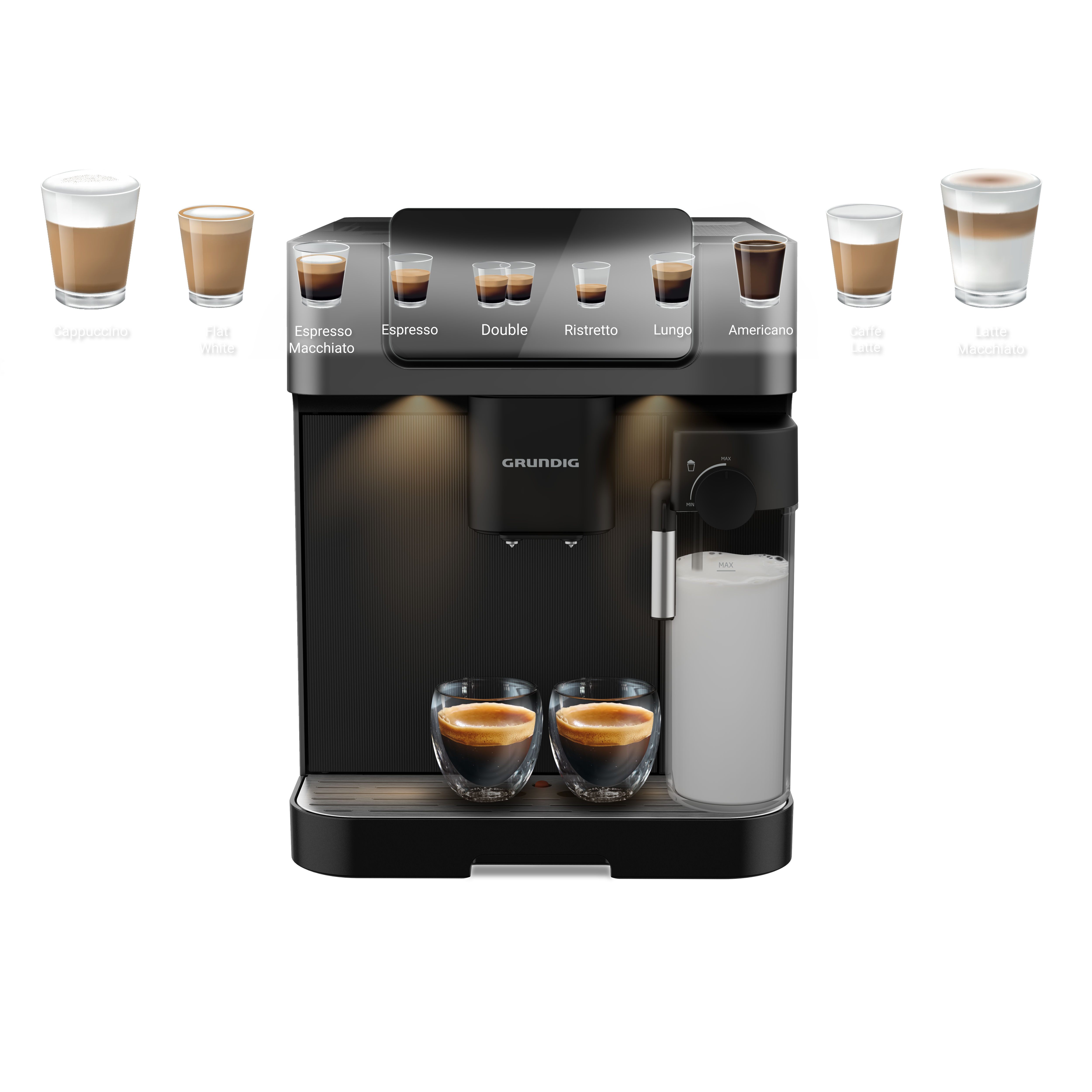Kahve makinesi. Makinenin üzerinde çeşitli kahve türleri görüntülenir.