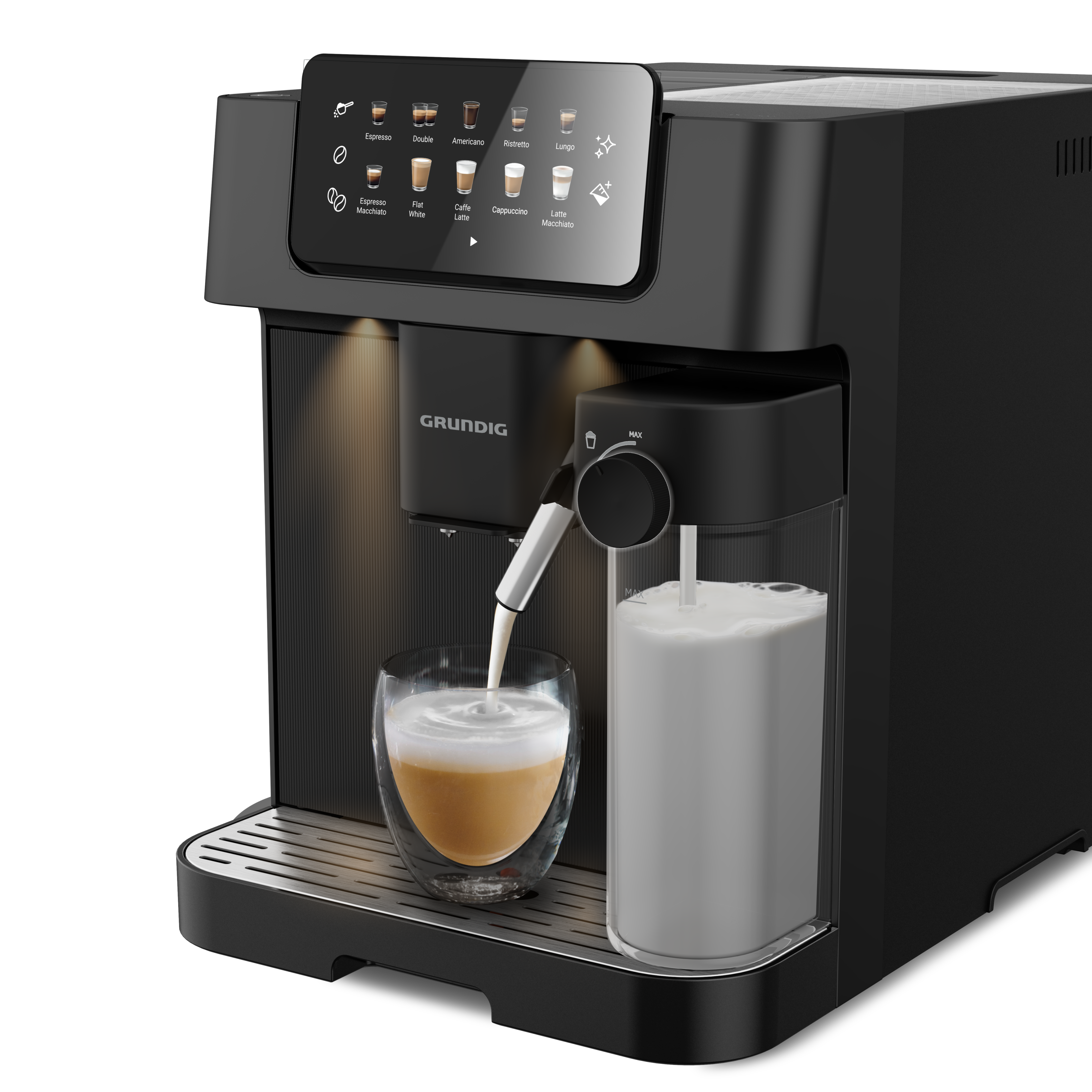 Siyah kahve makinesi, bir cam bardağa kahve ve süt dağıtıyor.