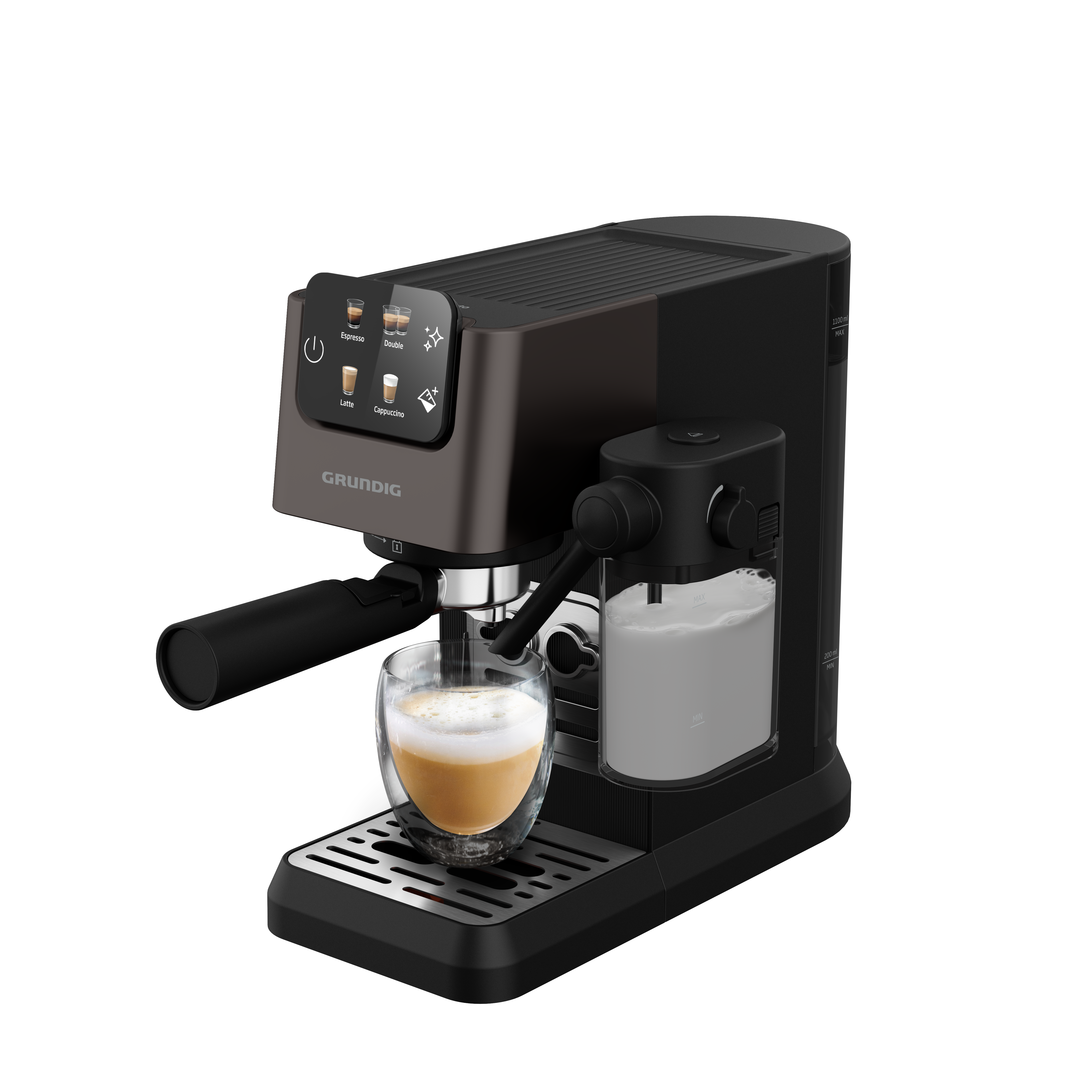 Siyah yüzeyde bardakta kahve olan espresso makinesi, siyah arka plan.