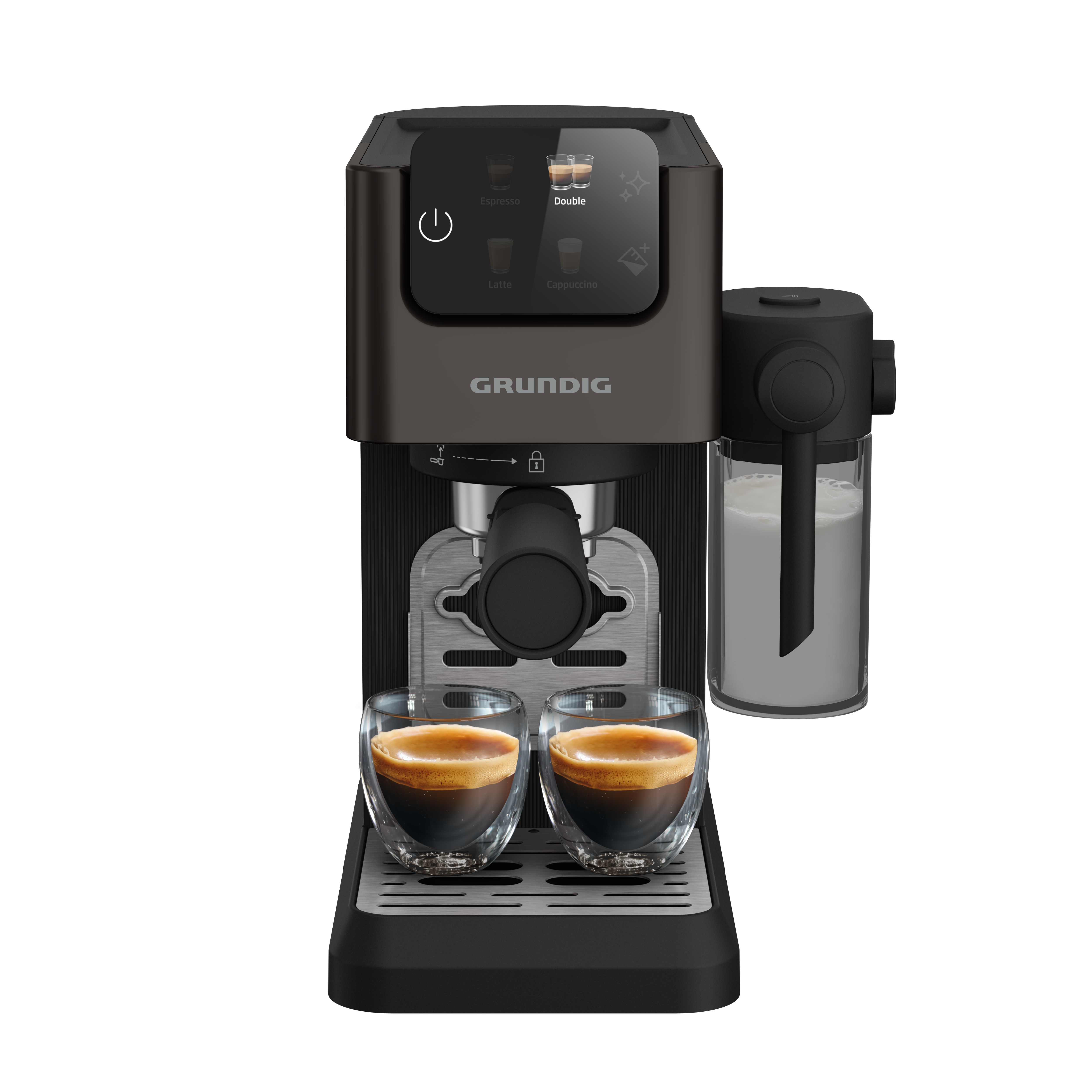 Siyah ve gümüş renkli bir Grundig espresso makinesi. Önünde kahve dolu iki bardak ve bir süt köpürtücü var.