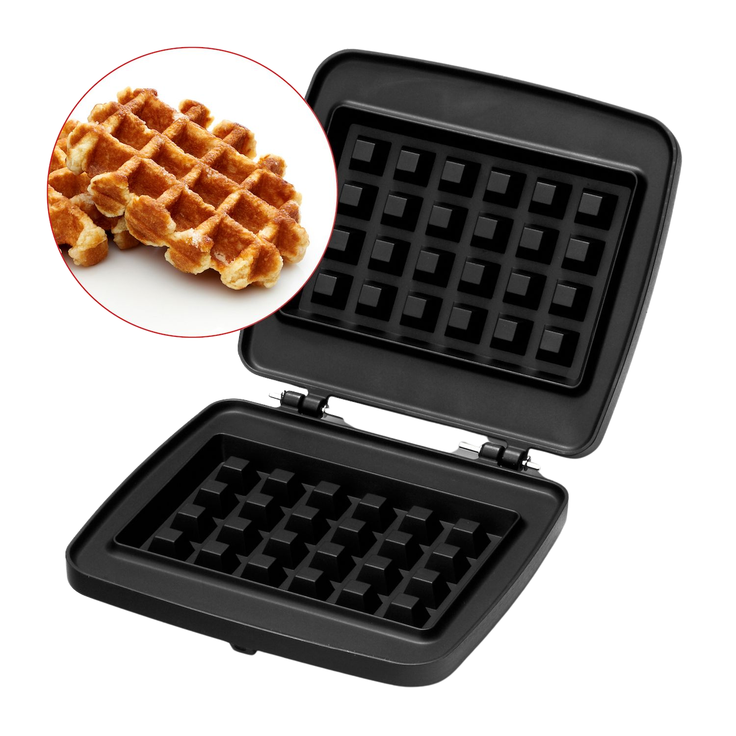 Open wafelijzer met wafels in een cirkel linksboven. Het is zwart met een raster.