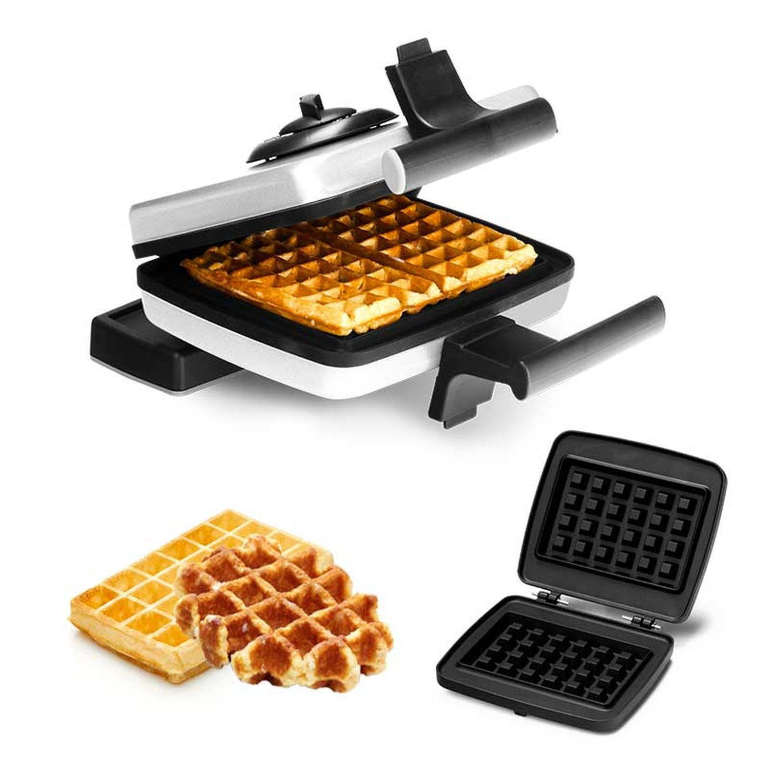 Wafelijzer met wafels en wafels ernaast.