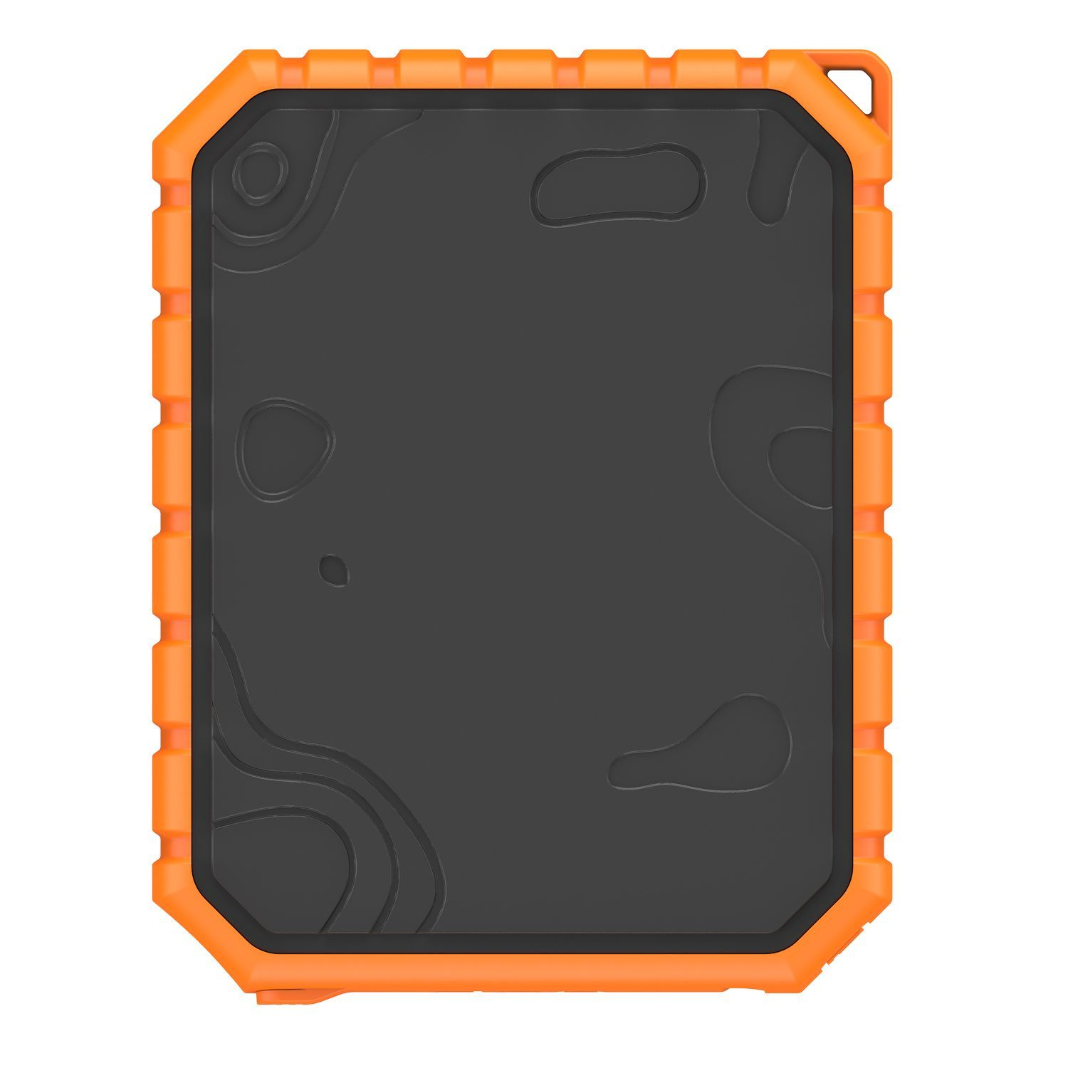 Une tablette robuste orange et noire sur fond blanc. La tablette a un écran et un cadre noirs.