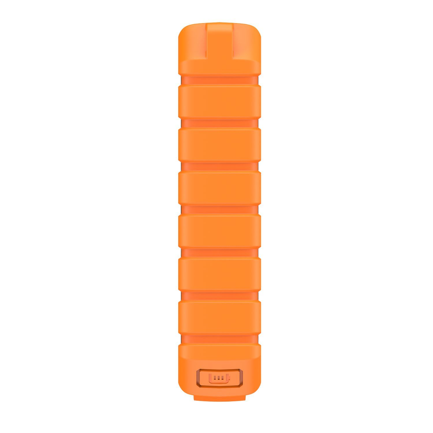 Un appareil rectangulaire orange avec un port de charge en bas, photographié verticalement.