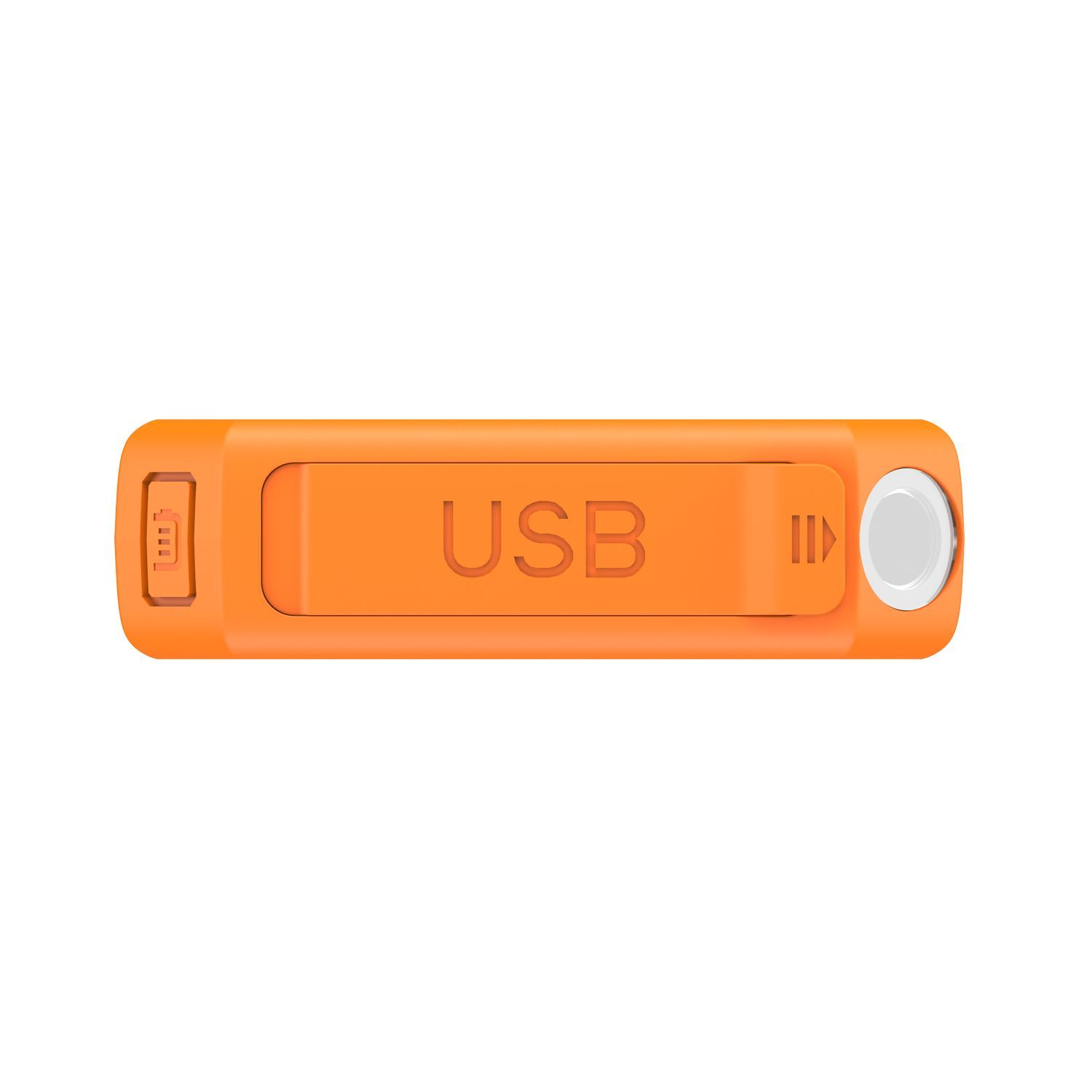 Clé USB orange avec le texte 'USB'. Possède une lumière indicatrice et un bouton. Fond blanc.