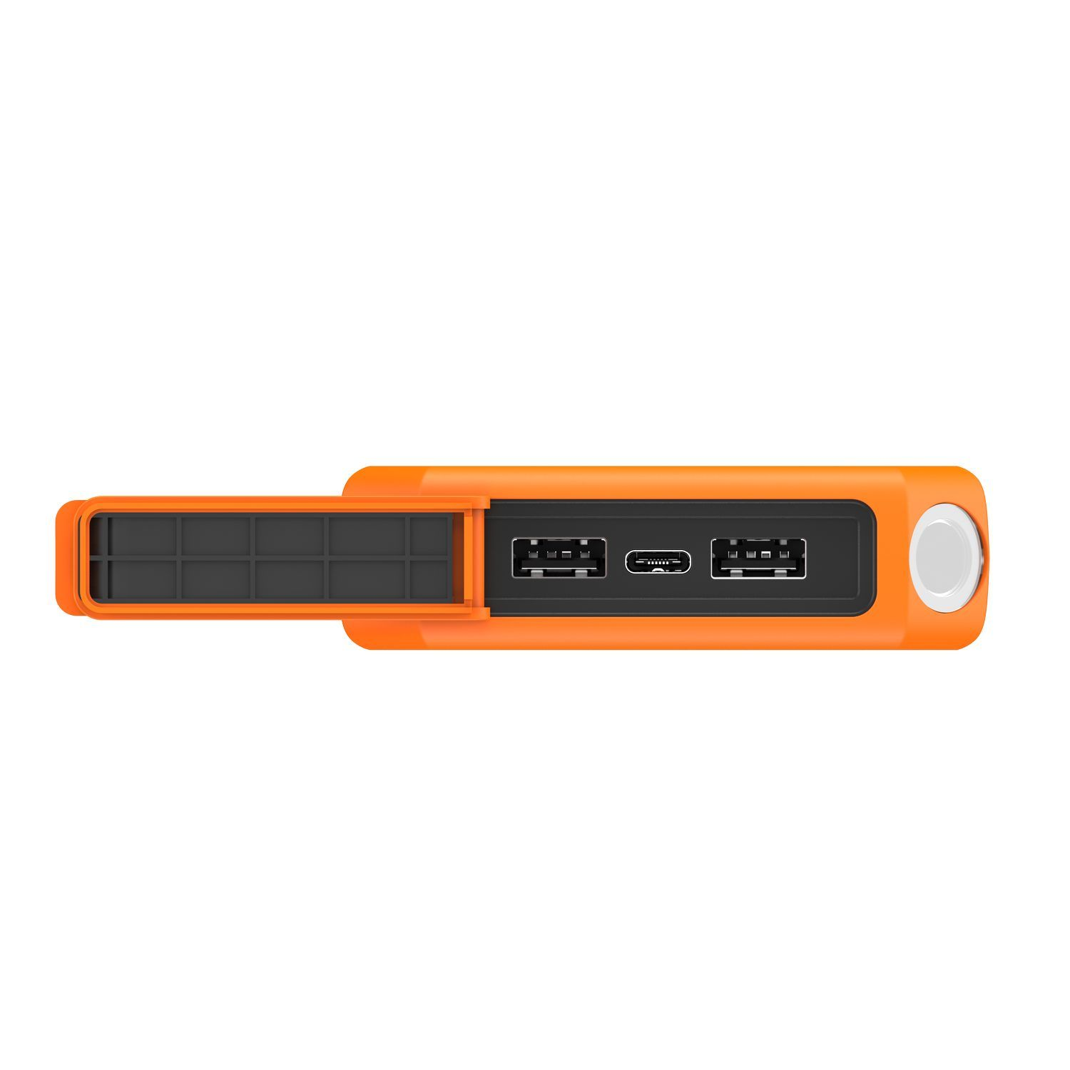 Batterie externe orange vue de dessus. Elle possède des ports USB et USB-C et un bouton d'alimentation. Forme rectangulaire.