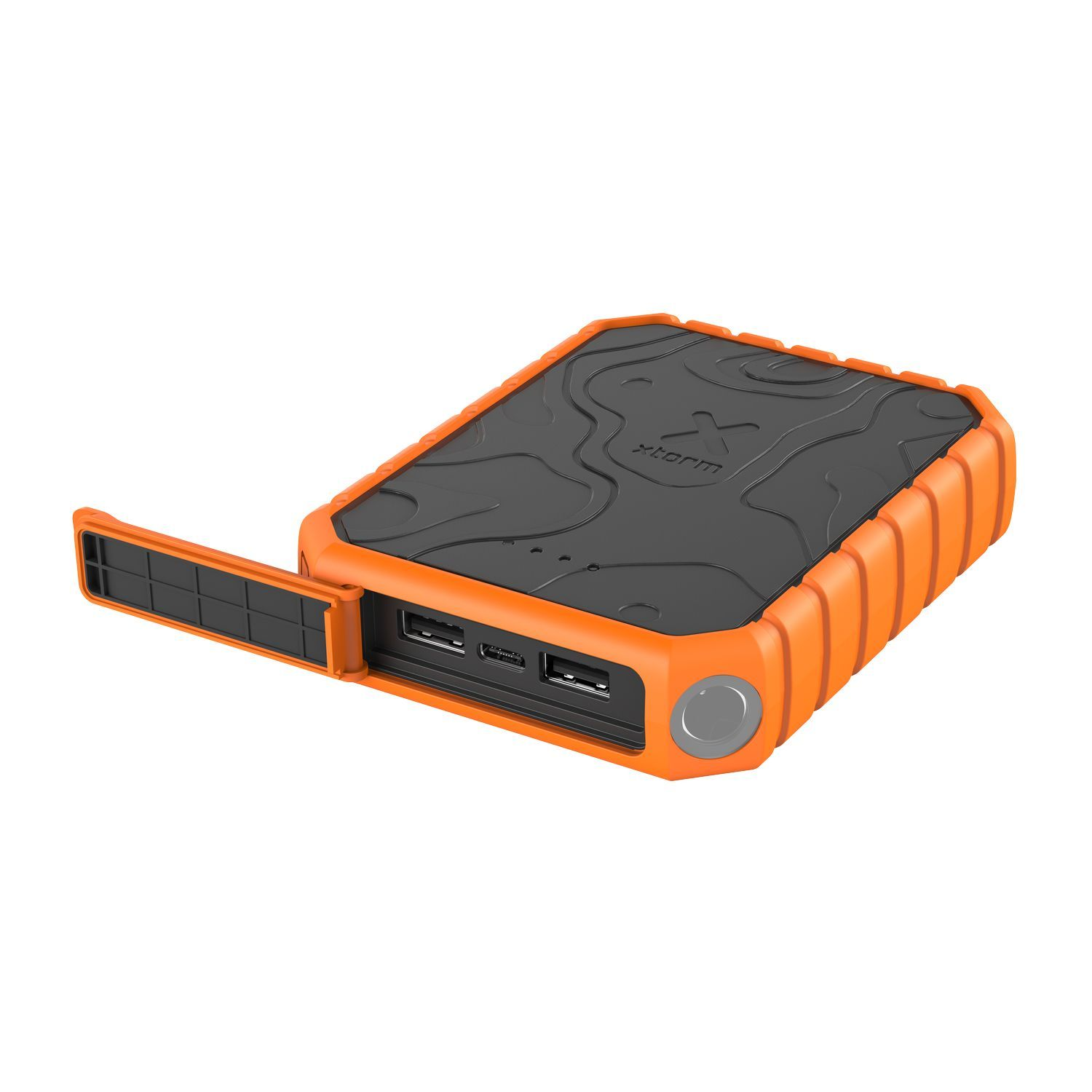 Batterie externe orange et noire avec couvercle ouvert, ports USB visibles.
