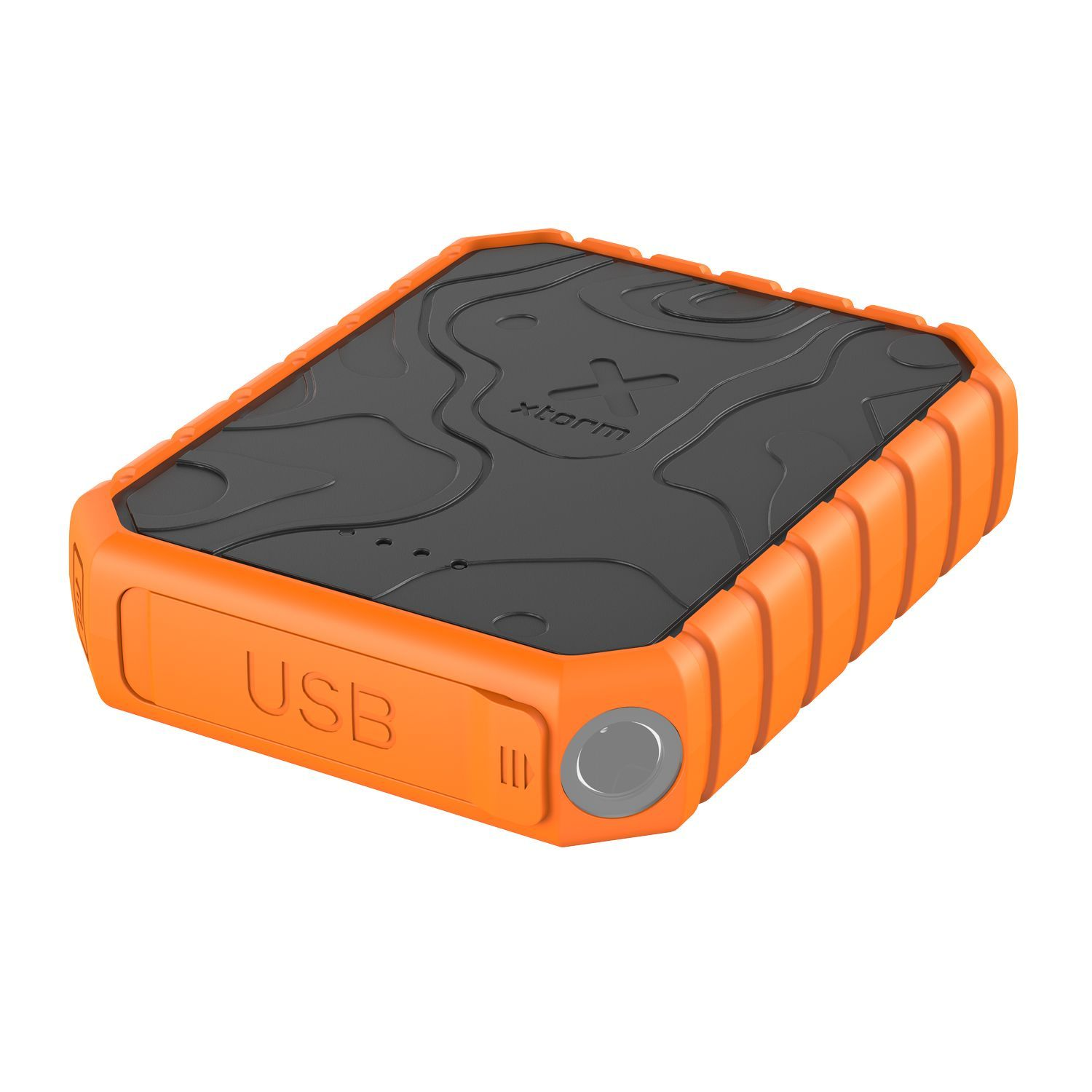 Un chargeur portable robuste orange et noir avec le mot 'USB' visible.