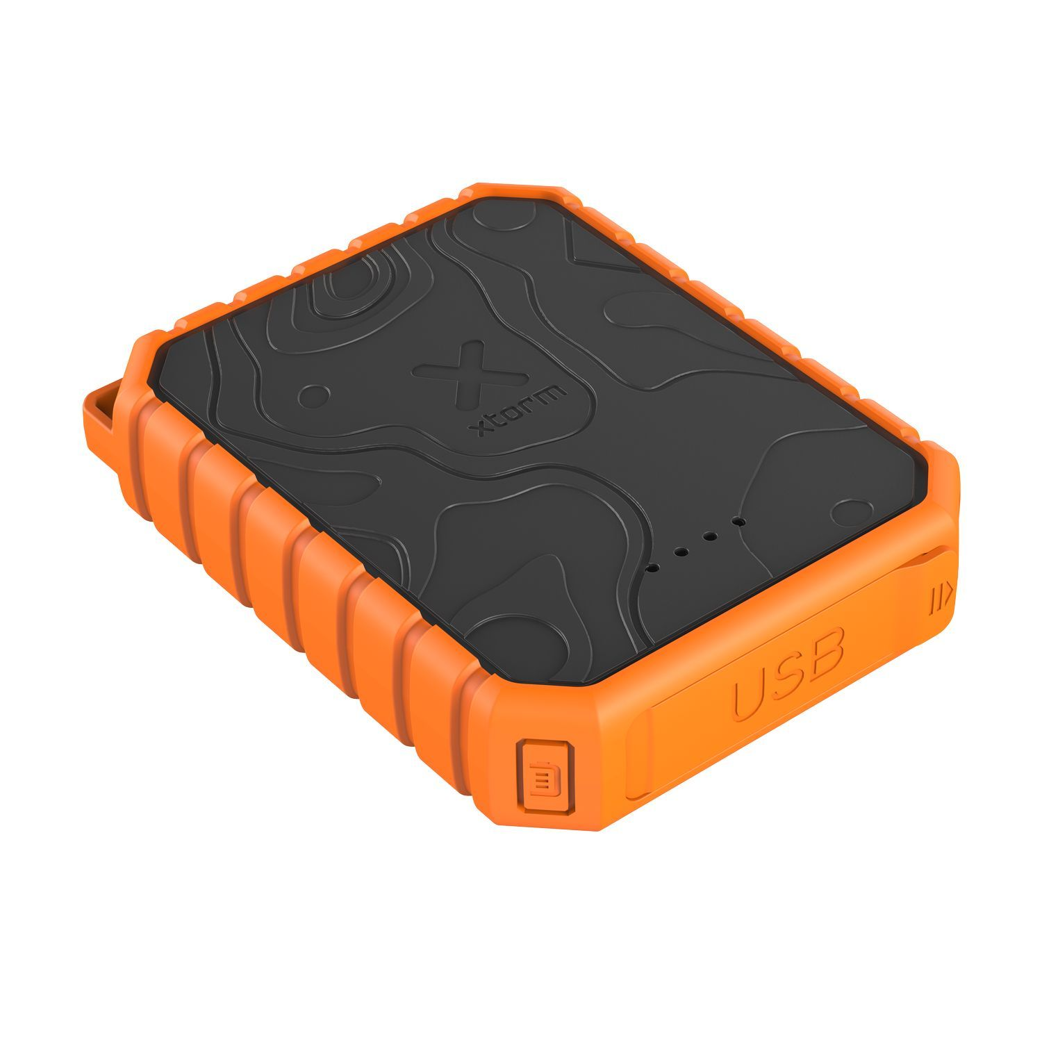 Batterie externe portable orange et noire. Ports USB visibles. Isolé sur fond blanc.