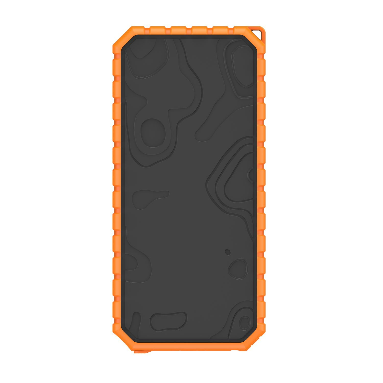 Une coque de téléphone orange. Elle a un centre noir texturé et une bordure orange robuste.