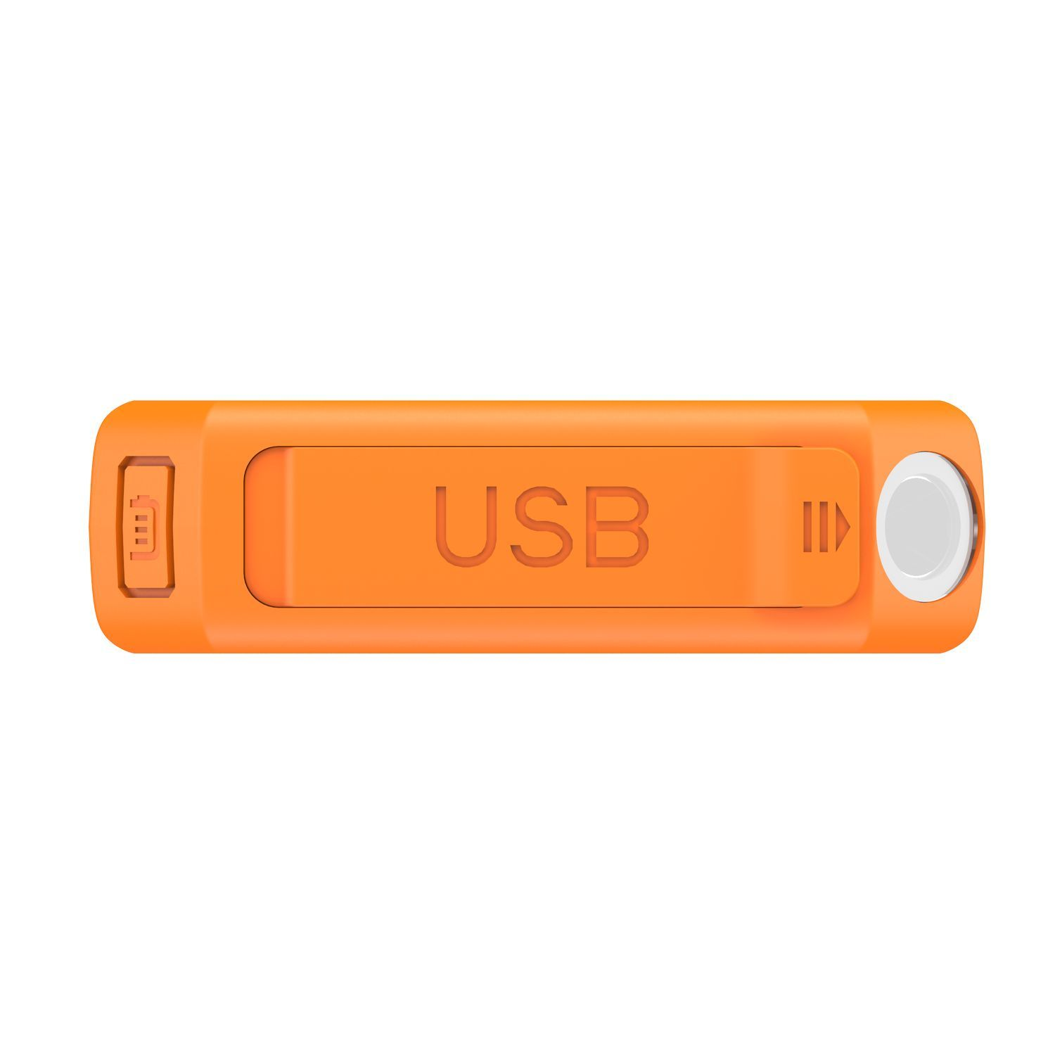 Clé USB orange avec le texte 'USB' et un bouton d'alimentation.