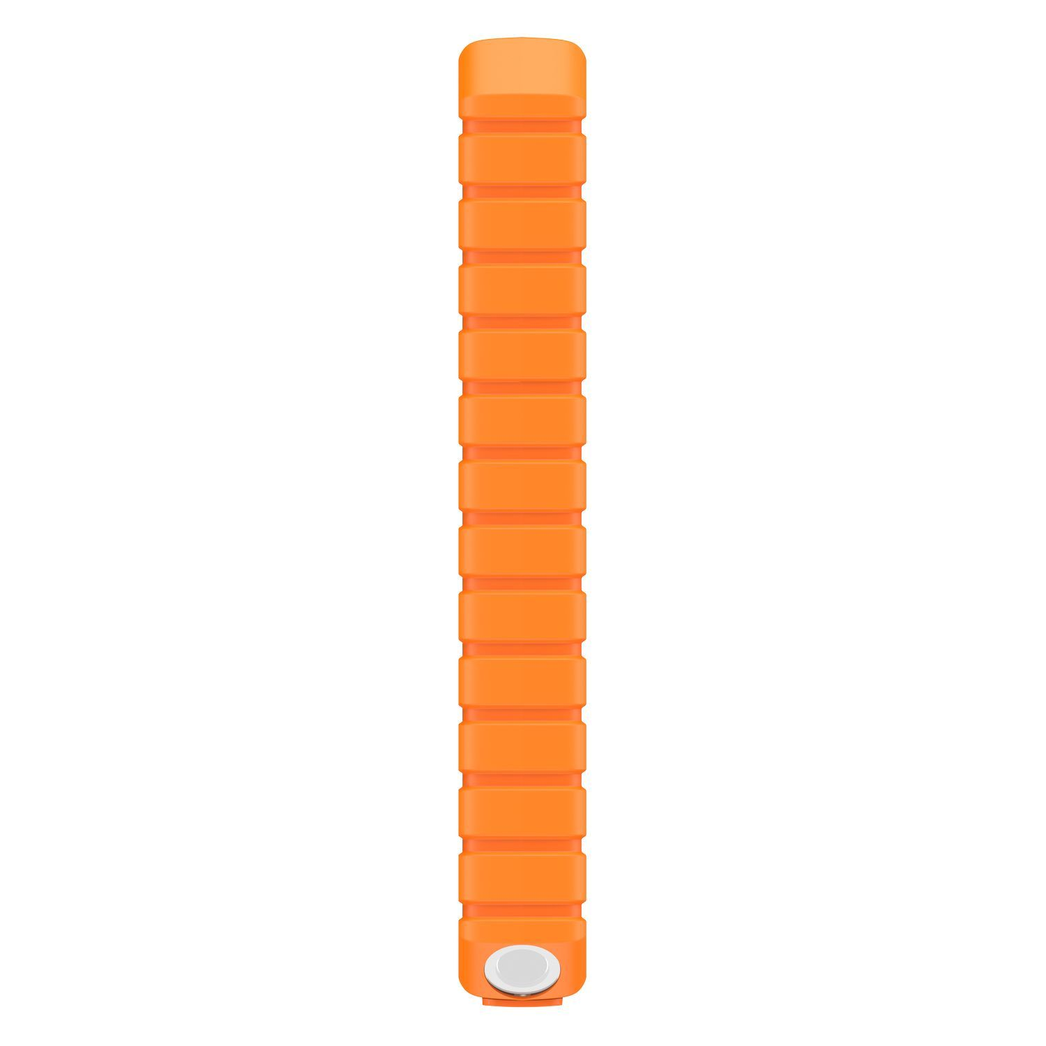 Bracelet orange segmenté sur fond blanc. Un seul bouton à l'extrémité.
