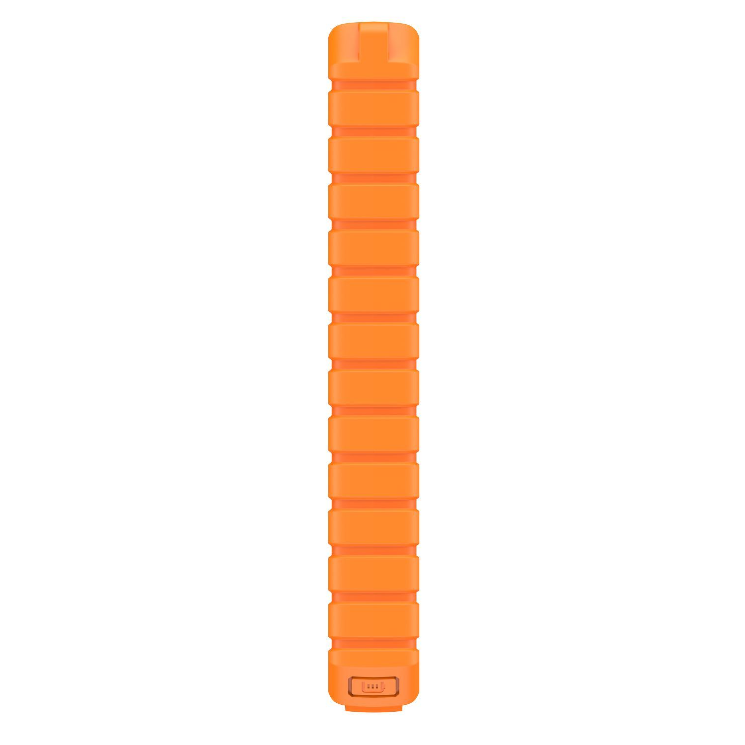 Objet orange, rectangulaire et strié. Le dessus a un petit bouchon, le dessous trois petites lumières.