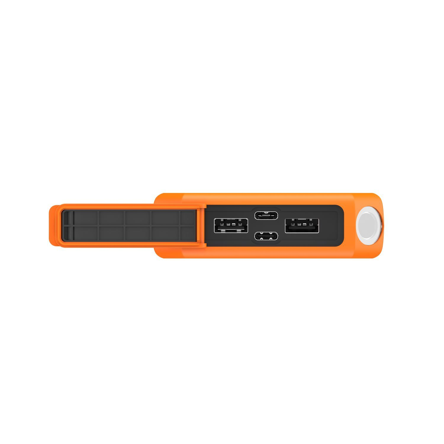 Vue de dessus d'une batterie externe orange avec ports USB et un bouton d'alimentation. Le dessus est ouvert.