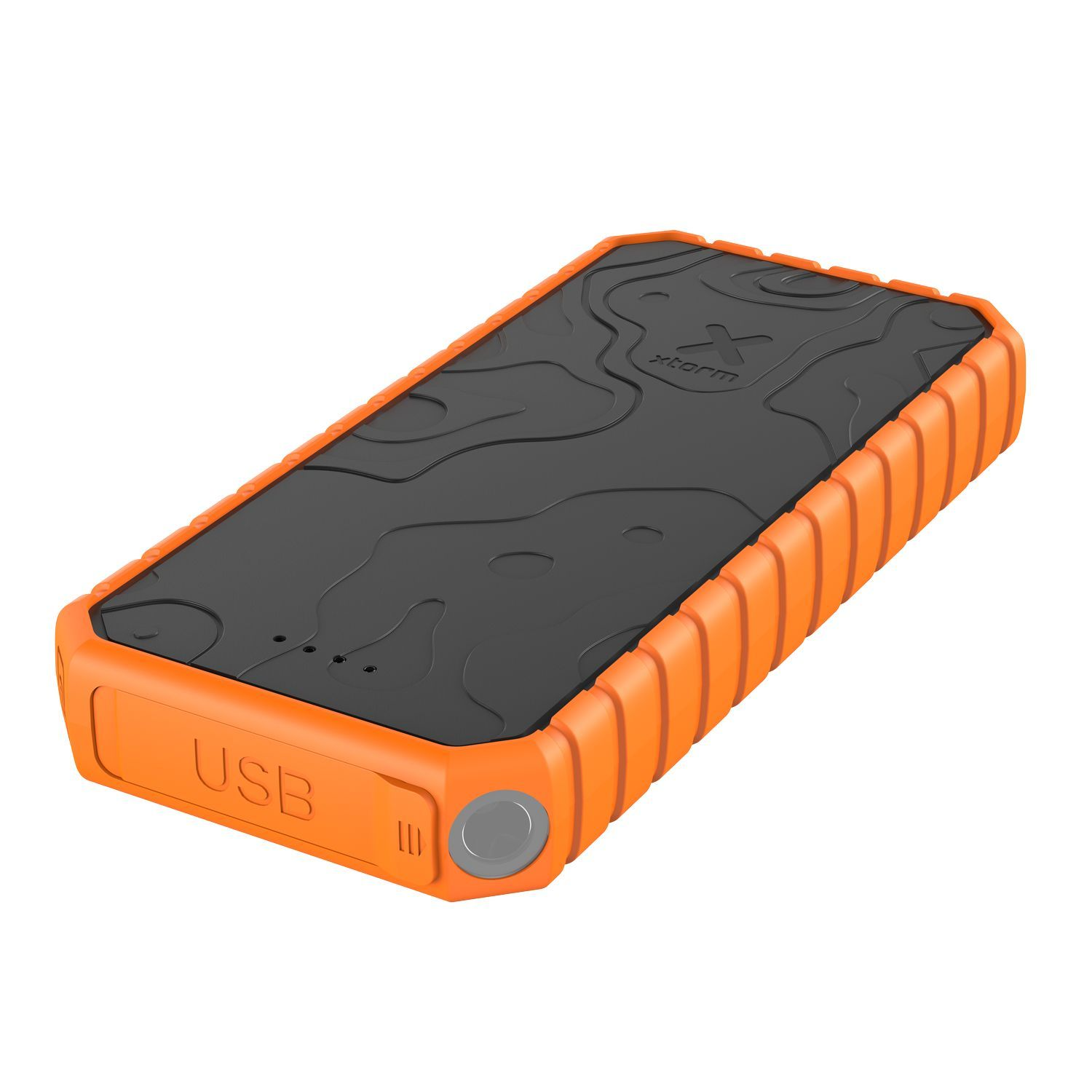 Batterie externe portable orange et noire avec port USB.