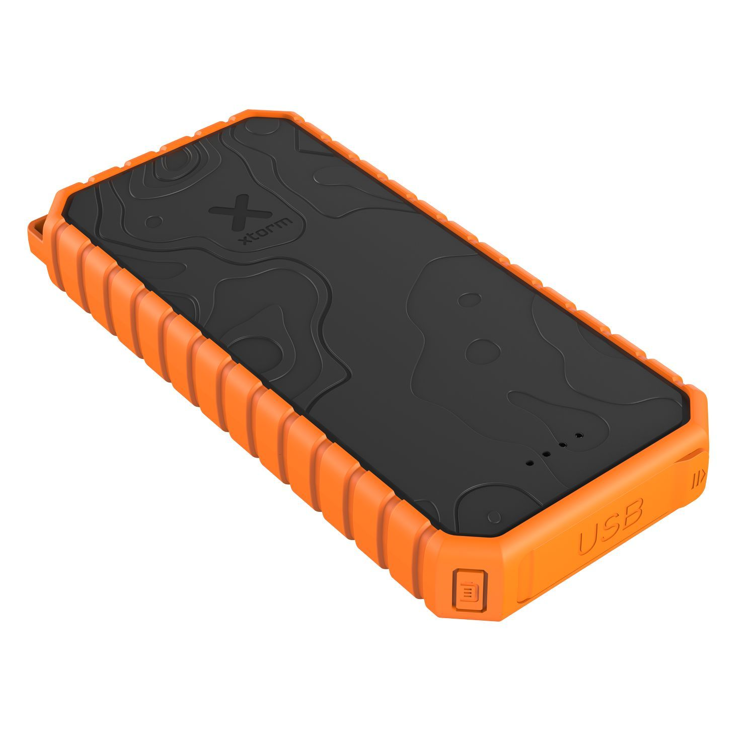 Une batterie externe orange et noire avec port USB et design robuste.