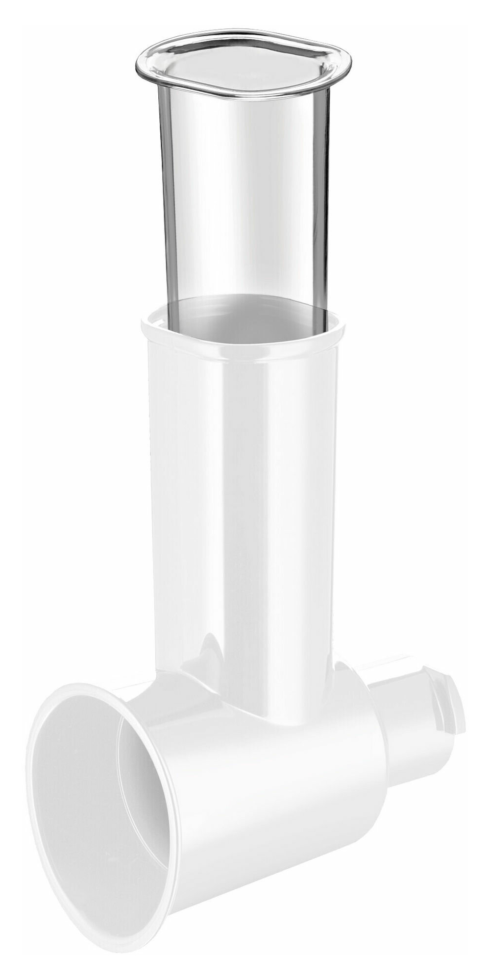 Biały dodatek do maszynki do mięsa z przezroczystym zasobnikiem.