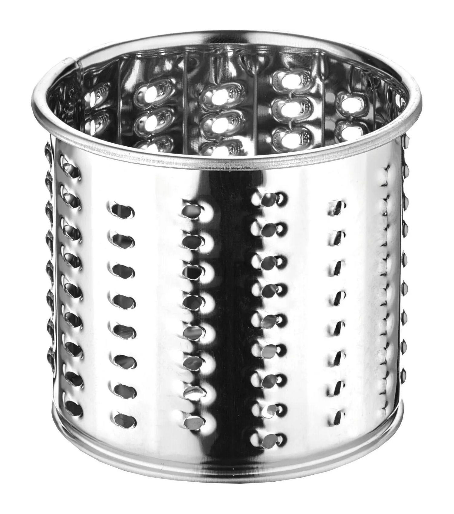 Srebrny cylinder z wieloma owalnymi otworami i ostrymi krawędziami.