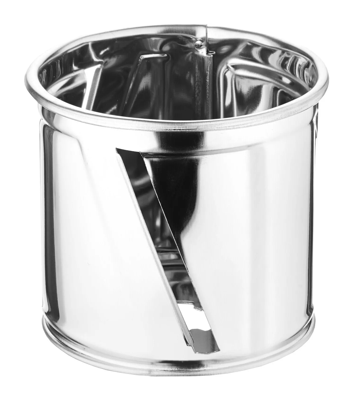 Błyszczący, metalowy, cylindryczny element z ukośnymi szczelinami, na białym tle.