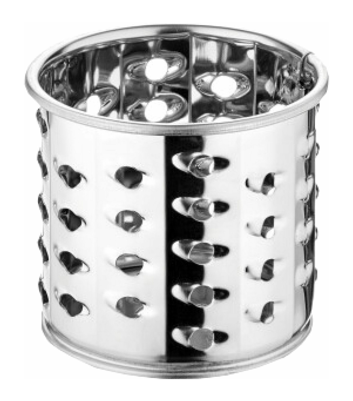 Okrągła, srebrna tarkka bębnowa z otworami i ostrzami.