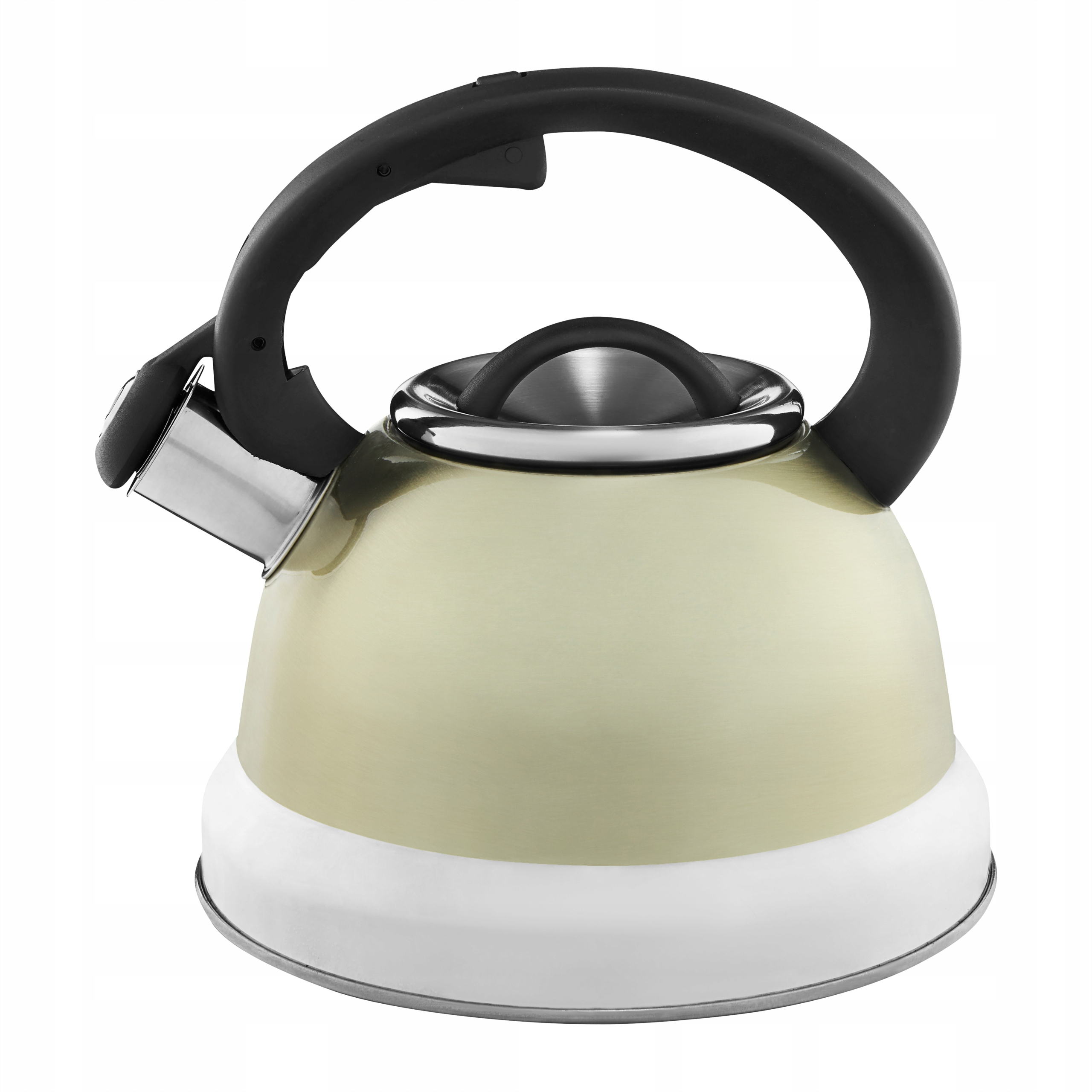 Beżowy i biały czajnik z czarnym uchwytem i wylewką.