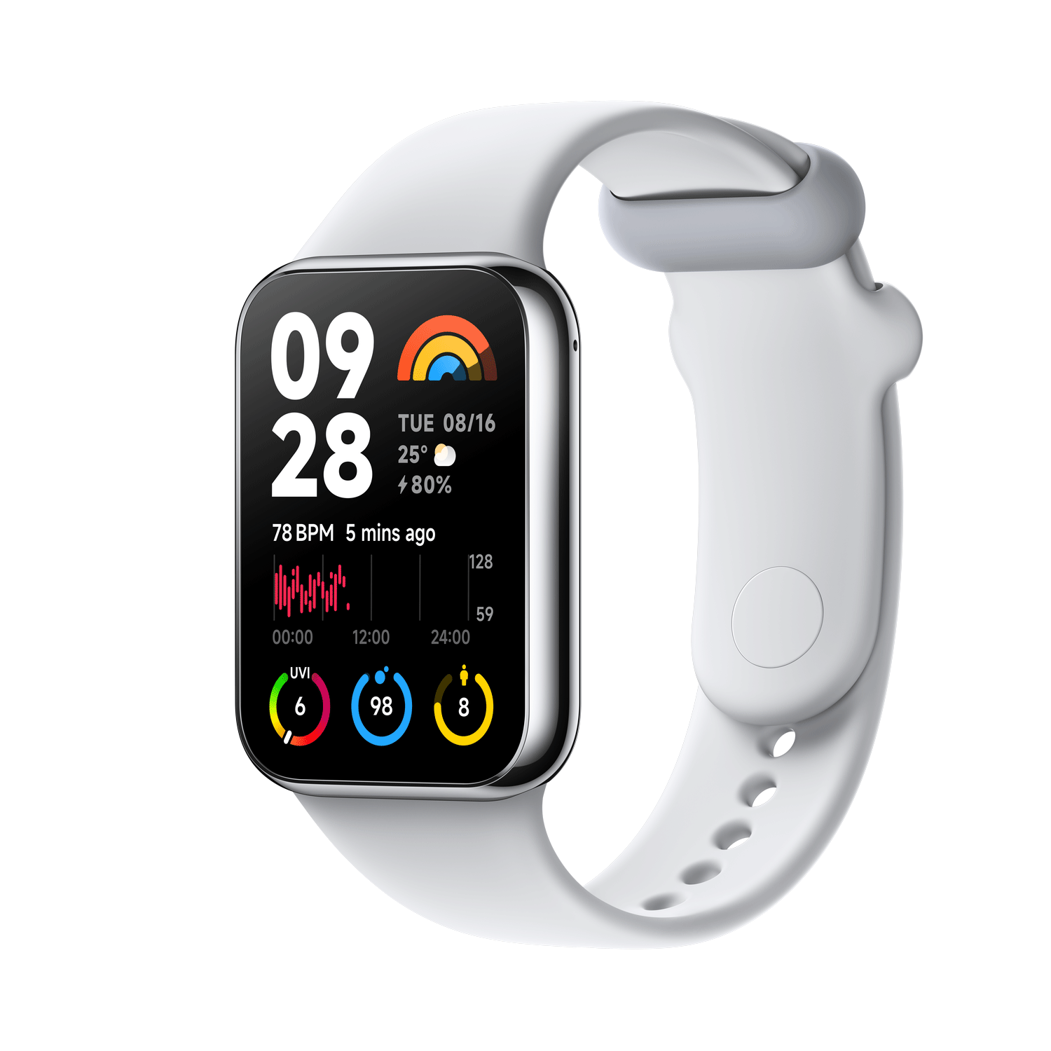 Reloj inteligente blanco con pantalla negra que muestra métricas de salud en una correa blanca.