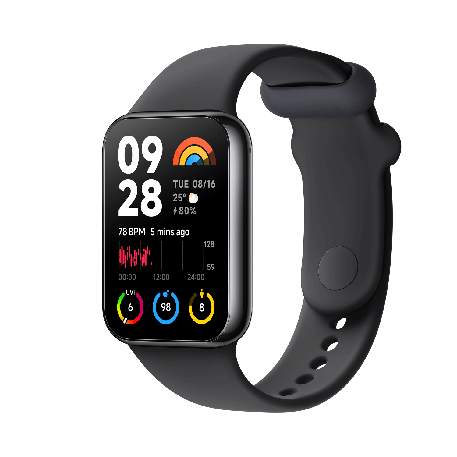 Smartwatch negra. Muestra hora, fecha y métricas de salud en una pantalla rectangular.