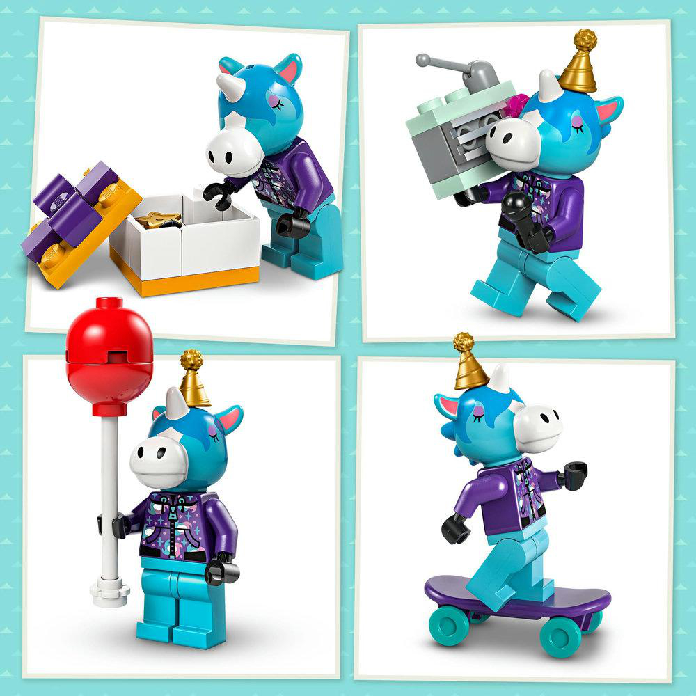 Vier Bilder eines Lego-Einhorns mit Partyhut, Geschenk, Radio und Skateboard. Blaue und violette Details.