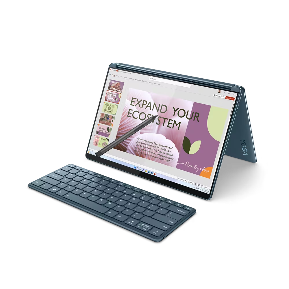 Laptop con pantalla que muestra un ecosistema ampliado. El teclado está al frente.