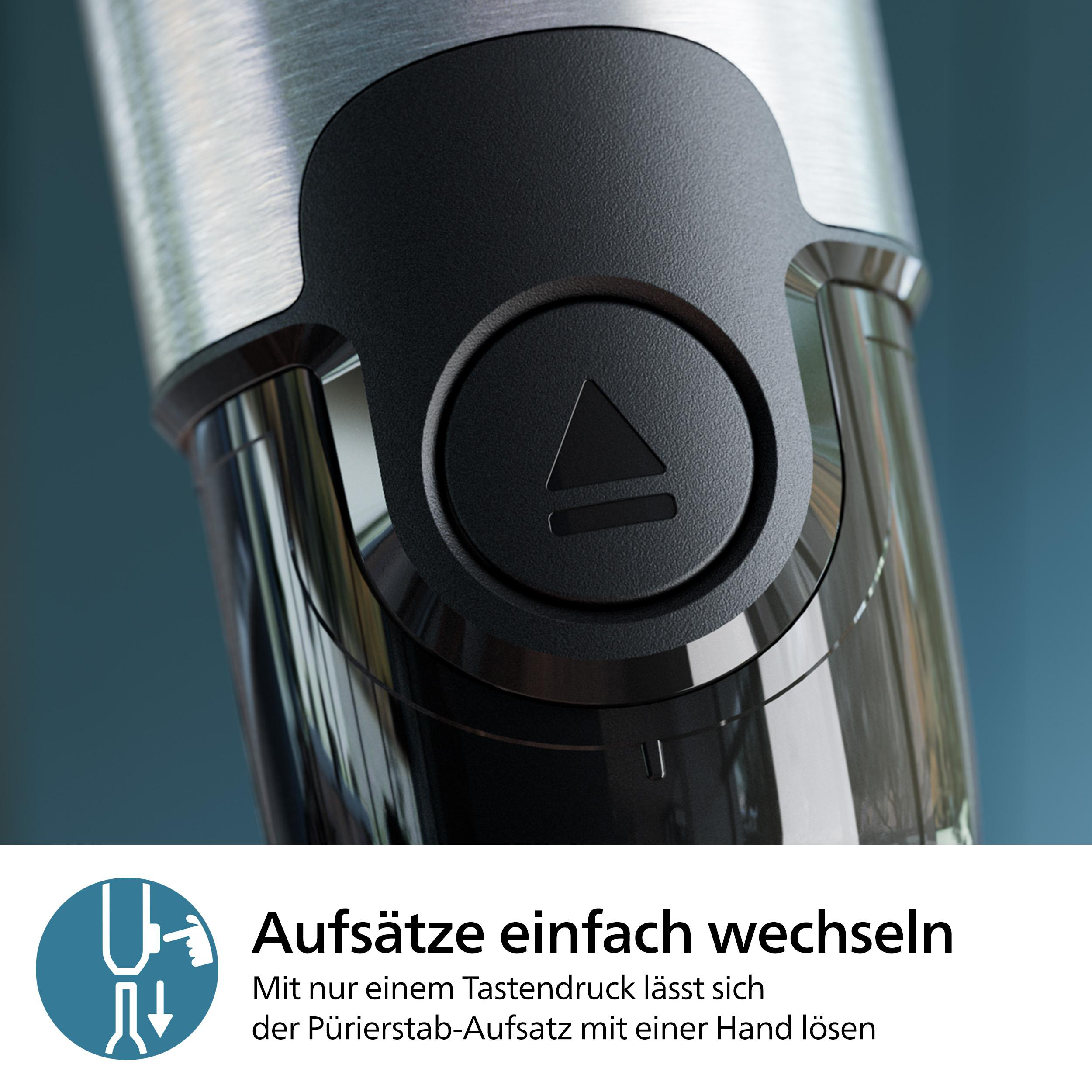 Nahaufnahme zeigt einen schwarzen Knopf und den Boden eines silbernen Mixers mit Text darunter.