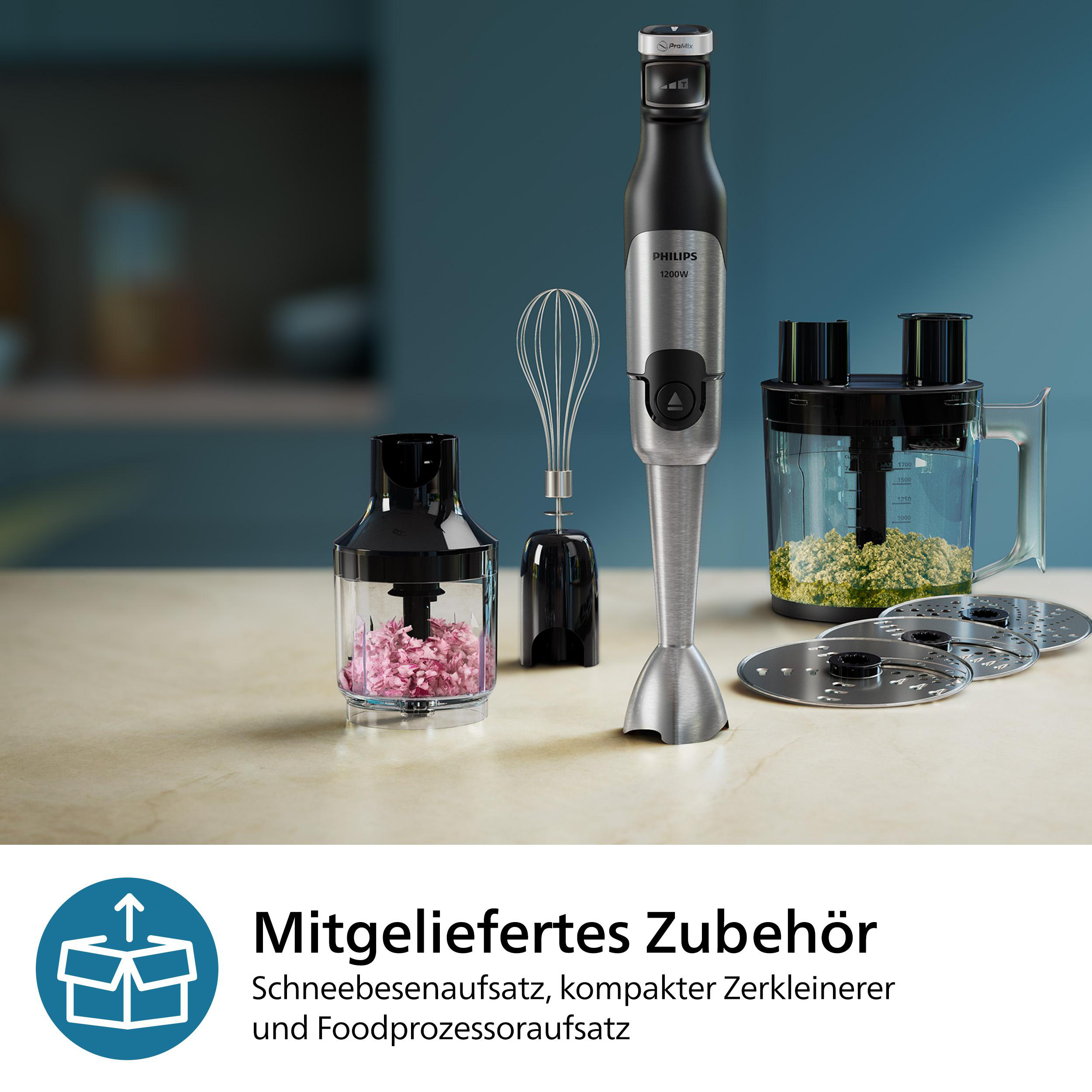 Ein Philips-Stabmixer mit Zubehör wie Schneebesen und Zerkleinerer.