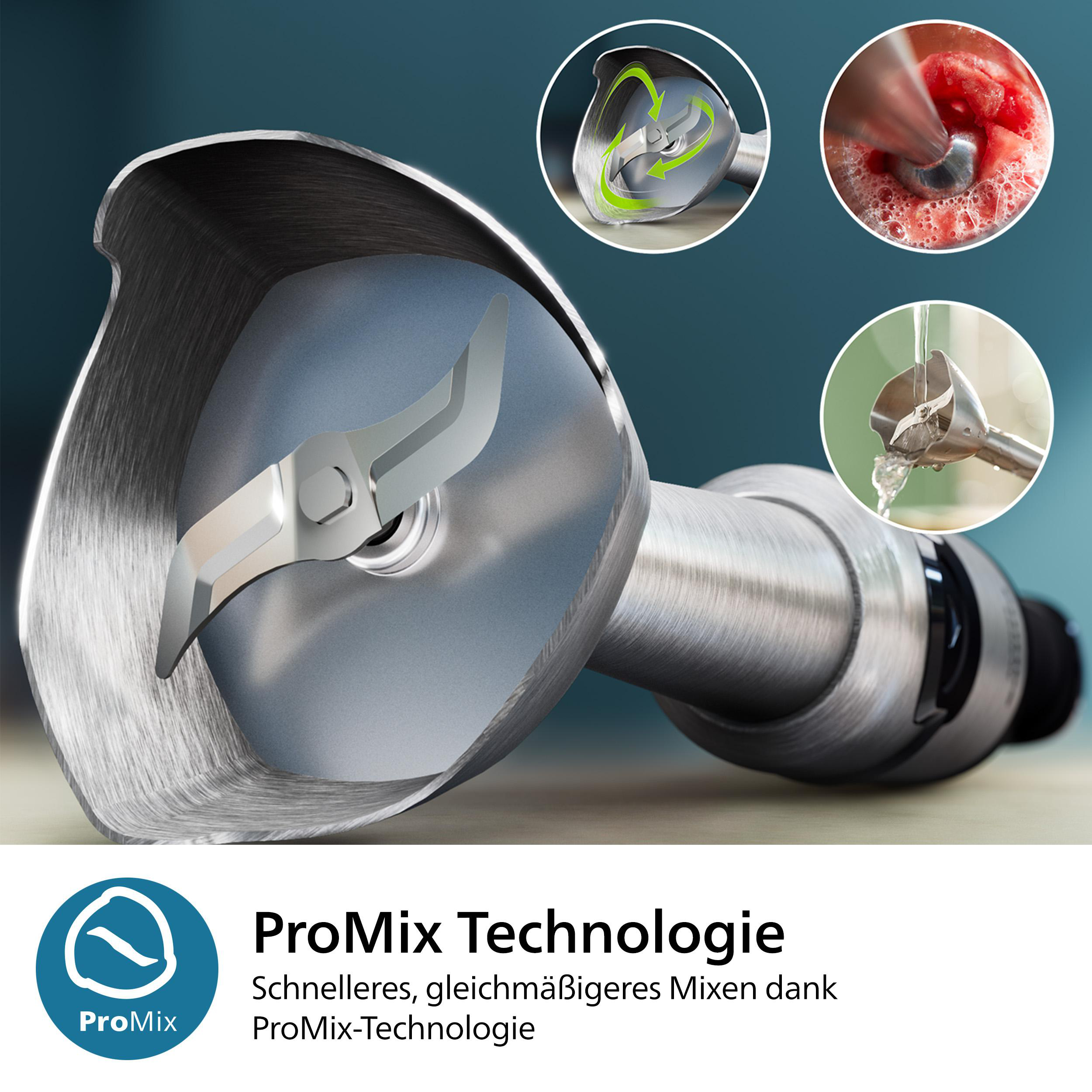 Ein Stabmixer mit Klingen und ProMix-Technologie-Logo. Blauer Hintergrund.