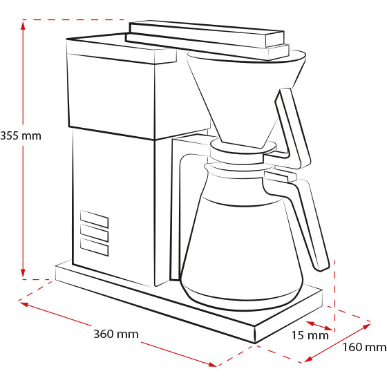 Strichzeichnung einer Kaffeemaschine mit Maßangaben.