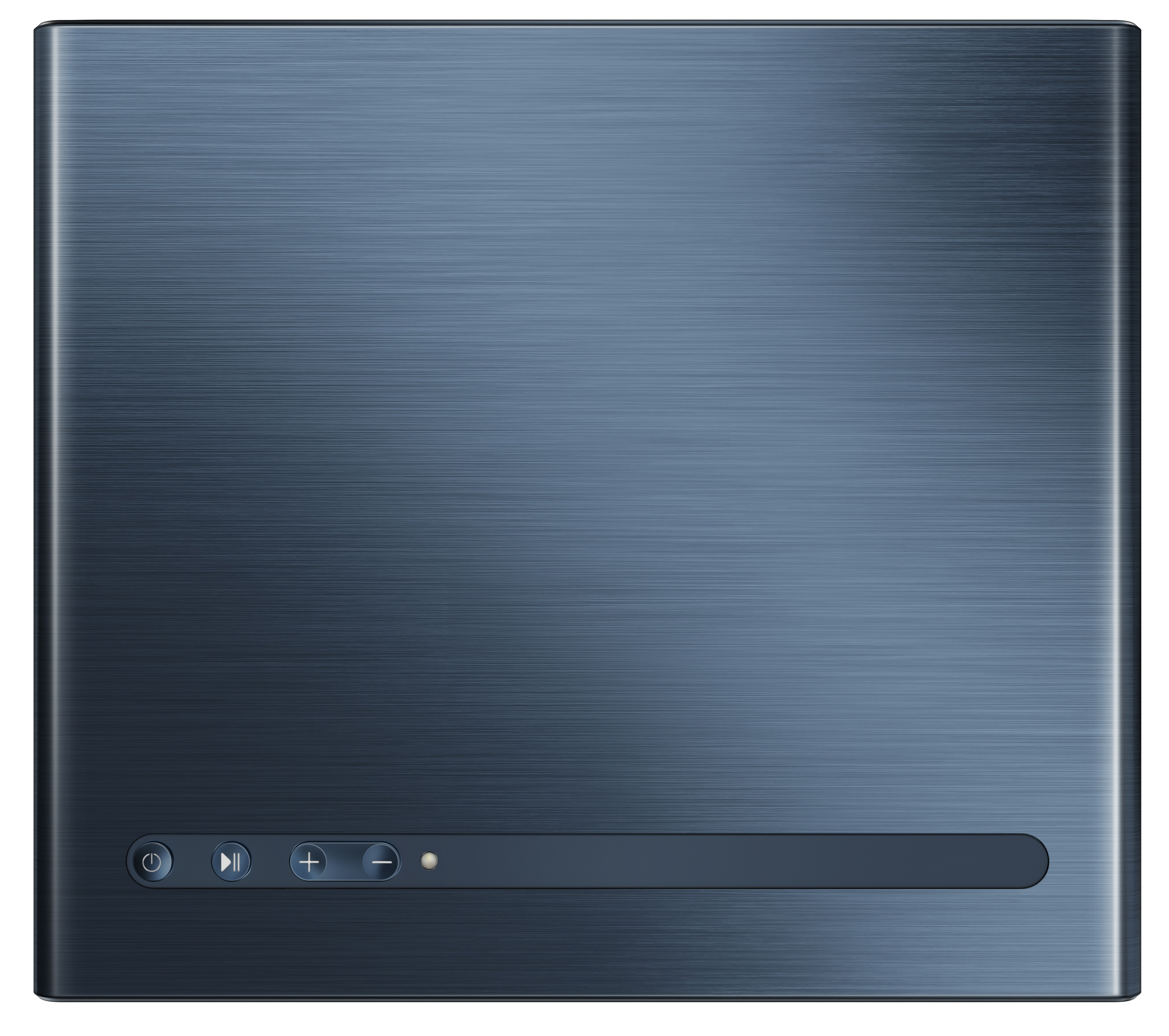 Ciemnoniebieskie urządzenie ze szczotkowaną metalową teksturą i przyciskami sterowania na dole.