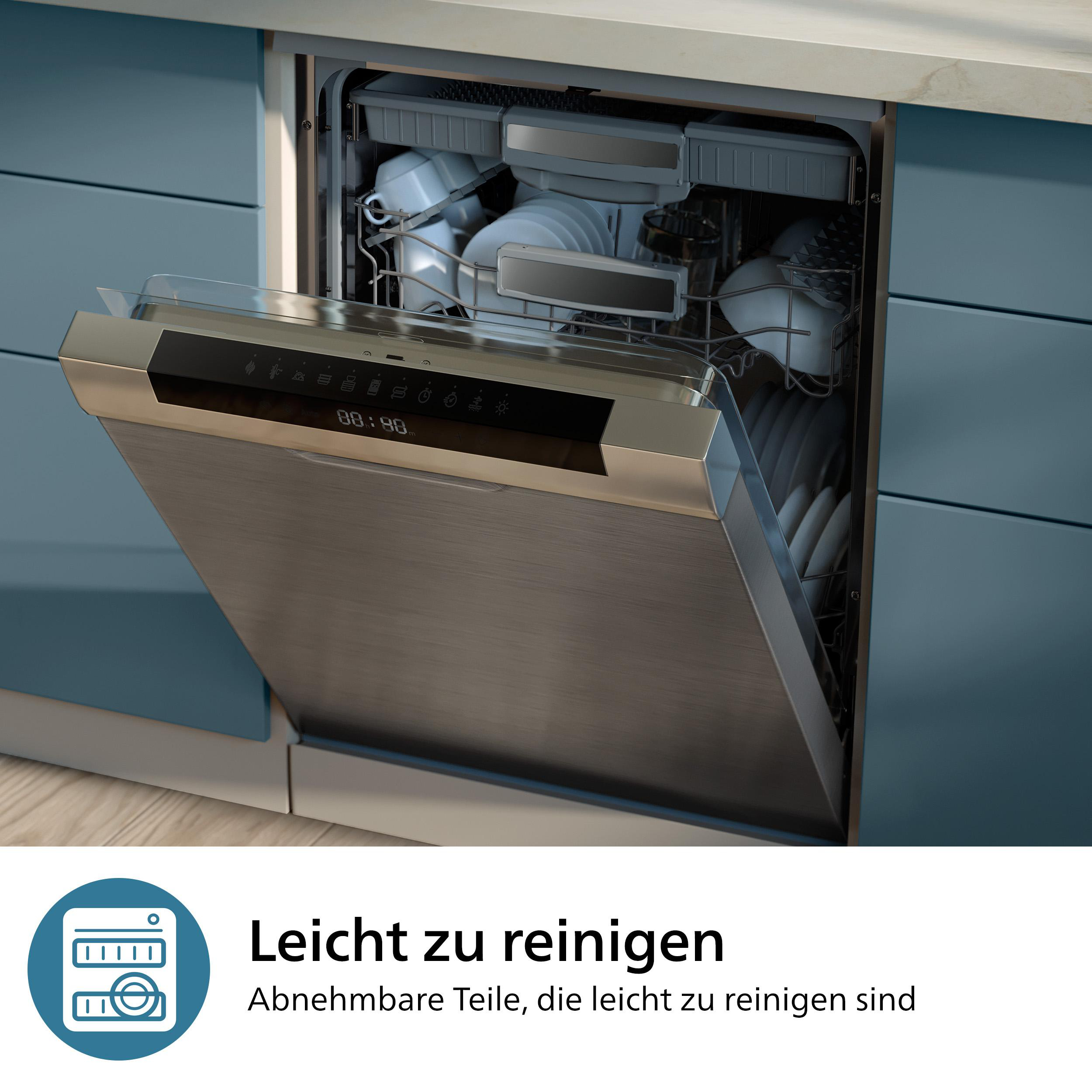 Ein Geschirrspüler mit geöffneter Tür, der sauberes Geschirr in einer blauen Küche zeigt.