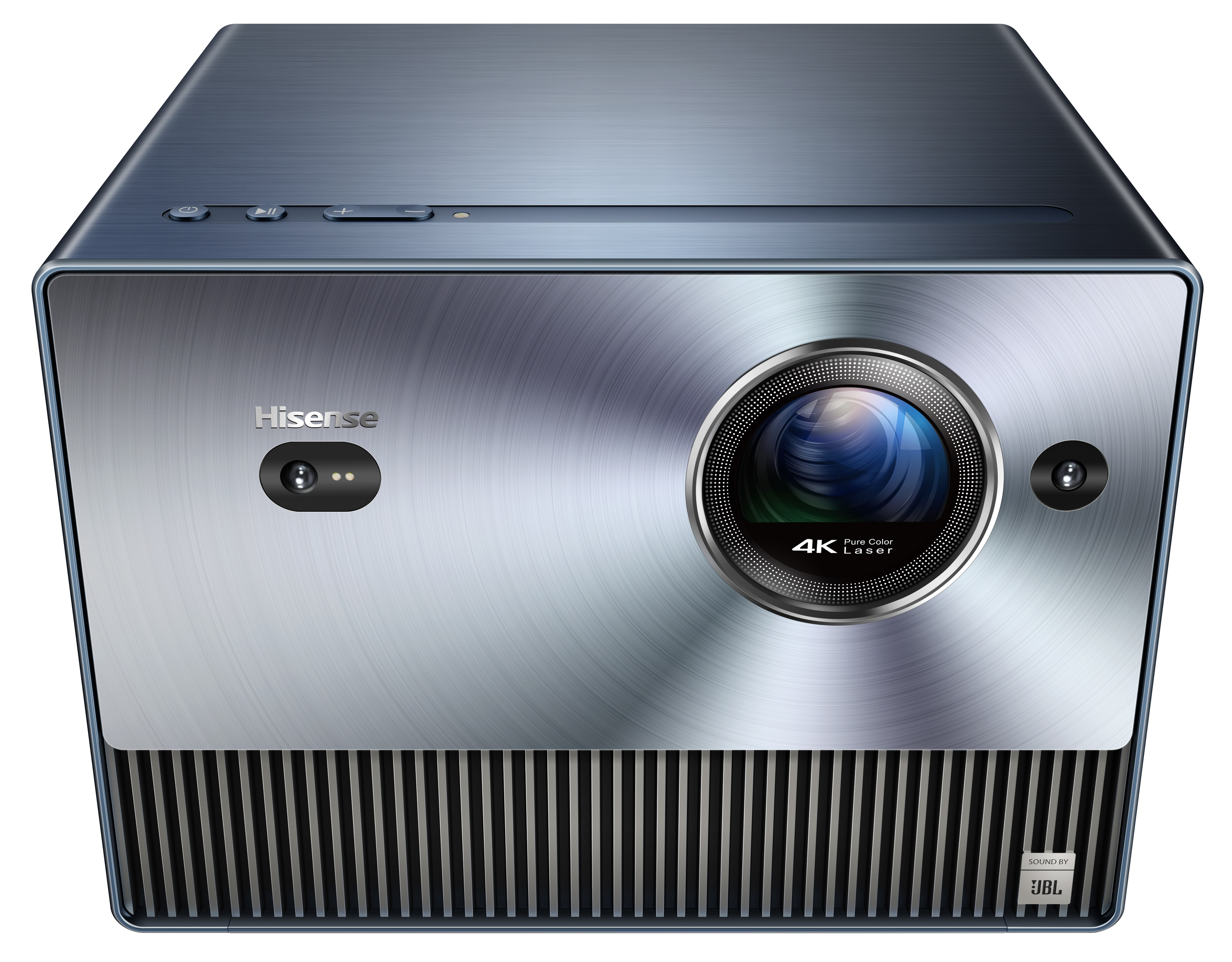 Srebrno-czarny projektor Hisense z dużą soczewką.