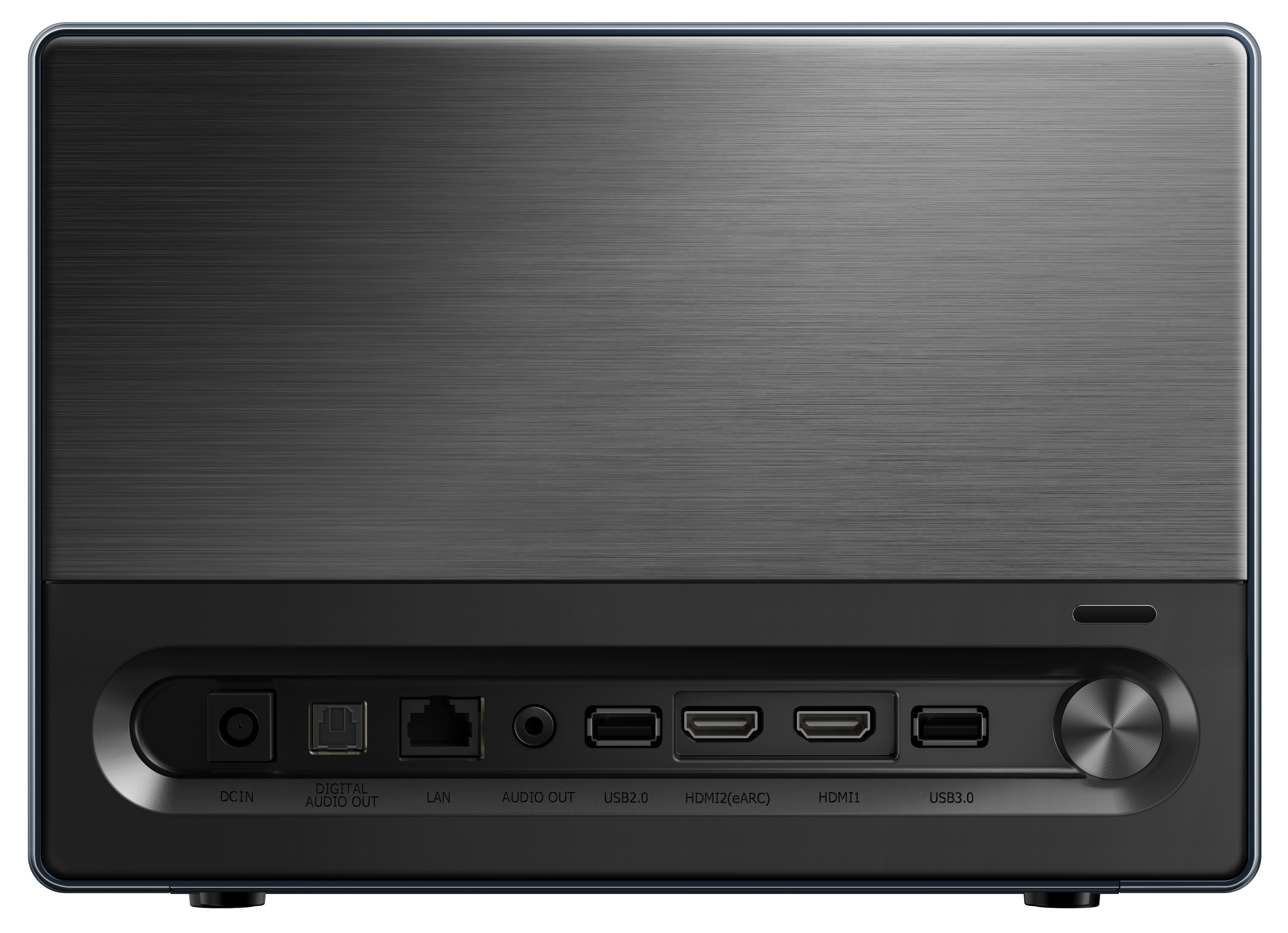 Tył czarnego urządzenia z portami dla audio, USB, HDMI i połączeń LAN.