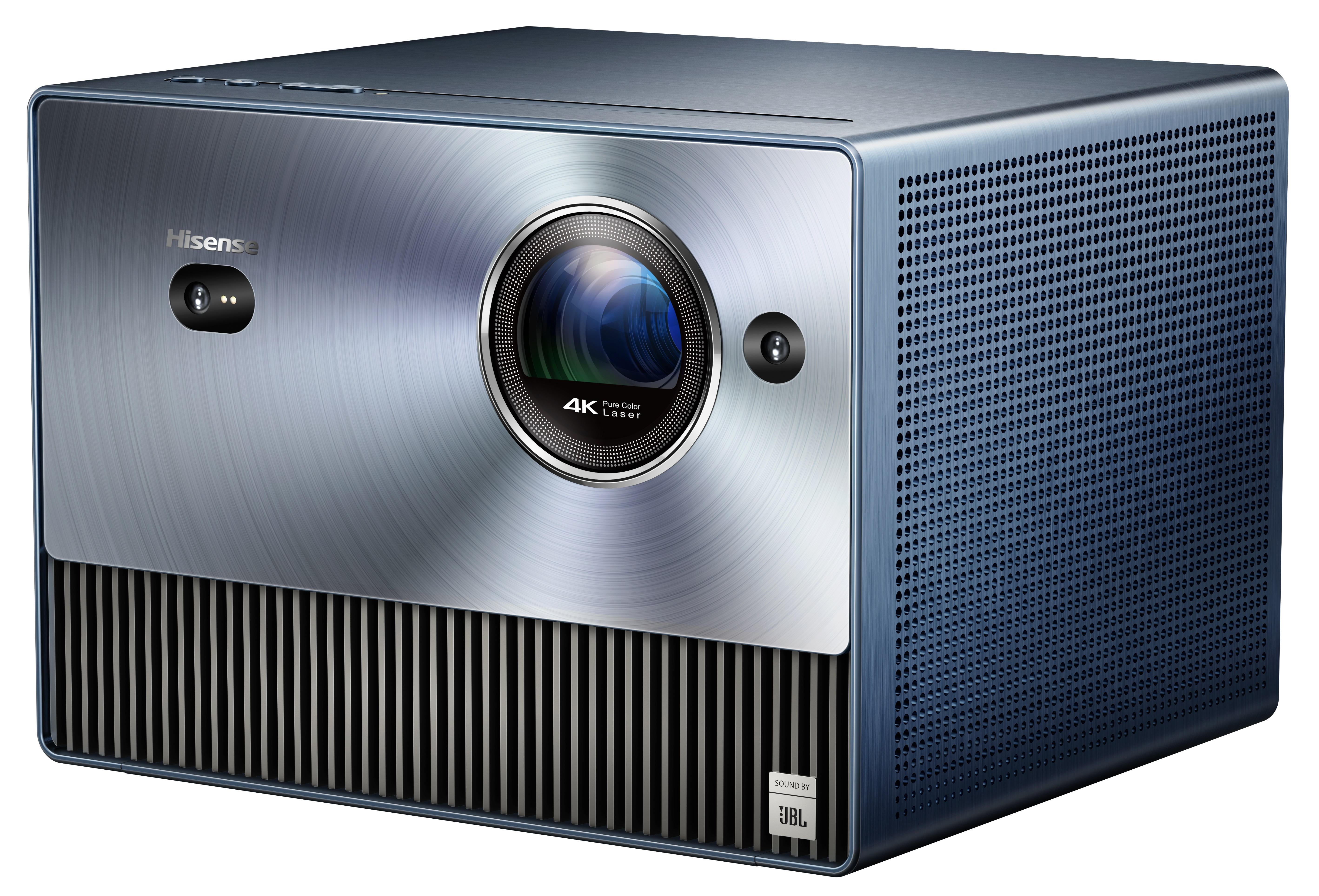 Niebiesko-srebrny projektor laserowy. Ma obiektyw i otwory wentylacyjne. Białe tło.