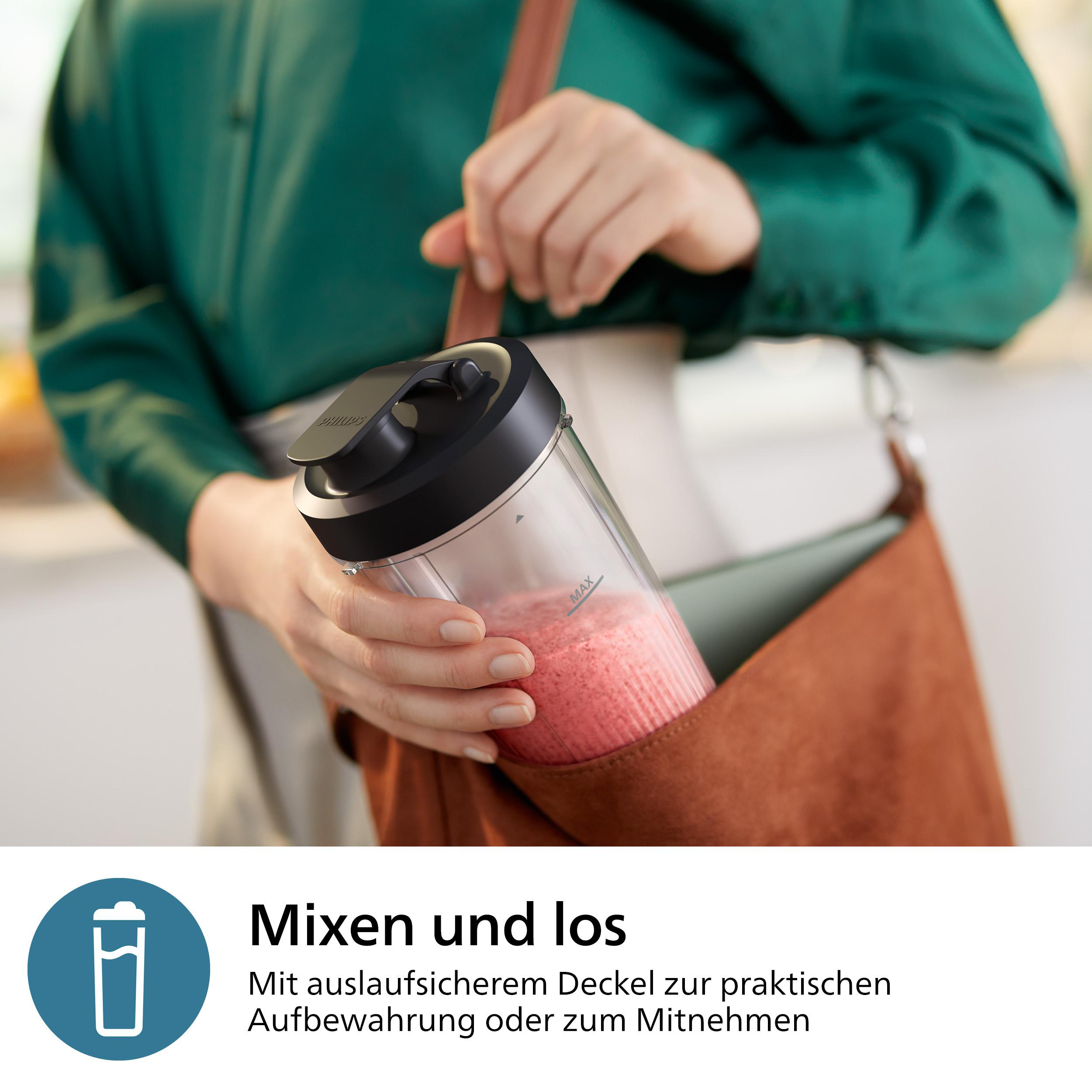 Eine Person legt einen pinken Smoothie-Mixer in eine braune Tasche. Text und ein Symbol werden angezeigt.