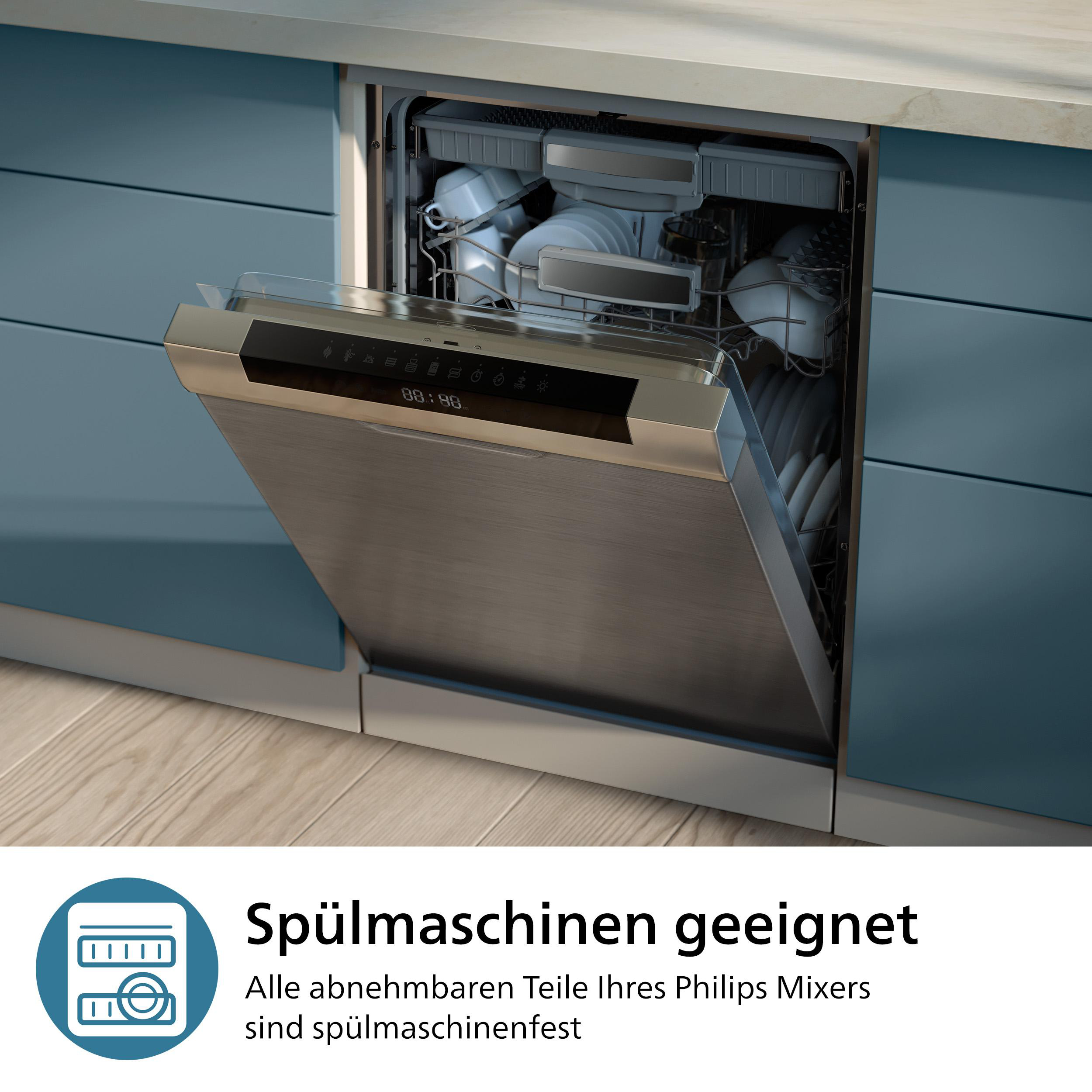 Ein Geschirrspüler mit offener Tür. Im Inneren befinden sich Geschirr. Die Maschine ist Edelstahl.