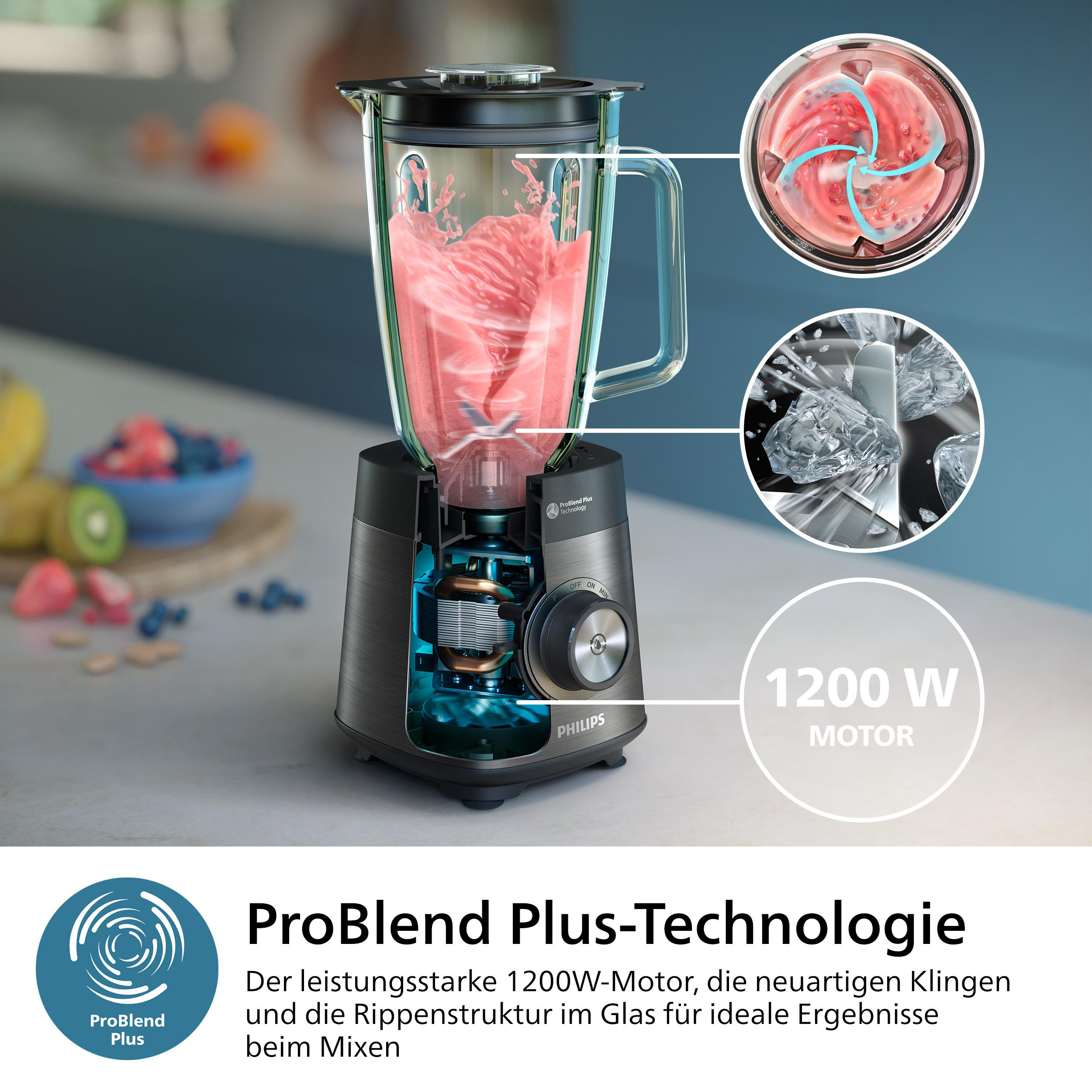 Mixer in Aktion, zeigt die Innenteile. Pinker Smoothie ist sichtbar.