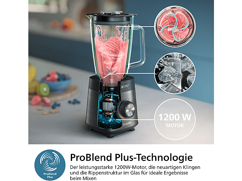 Philips HR3040/00 5000 Series ProBlend Plus-Messer, variable Geschwindigkeit mit Impulsfunktion, Standmixer (Edelstahl/Grau, 1200 Watt, 2 l) — Foto 4 von 5