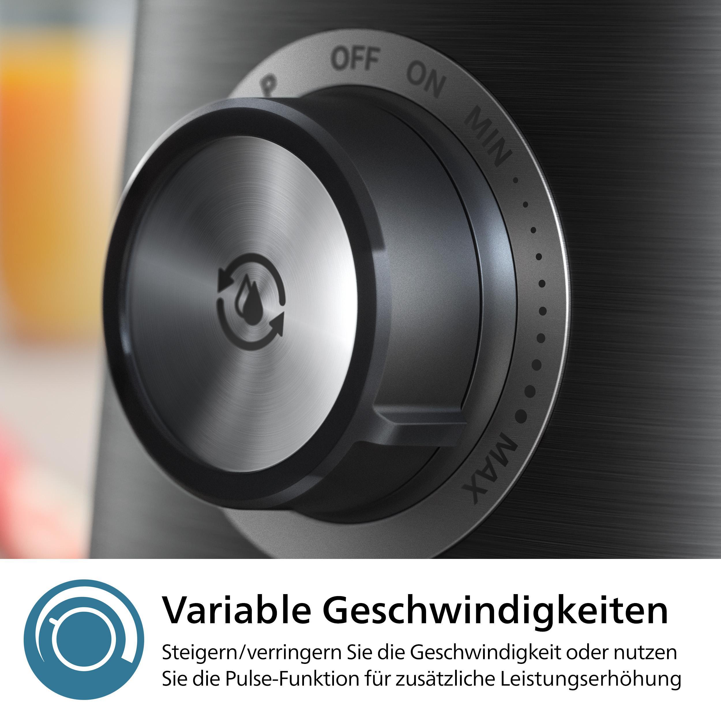 Nahaufnahme eines schwarzen Mixerkontrollrads mit Einstellungen für Geschwindigkeit und Leistung.