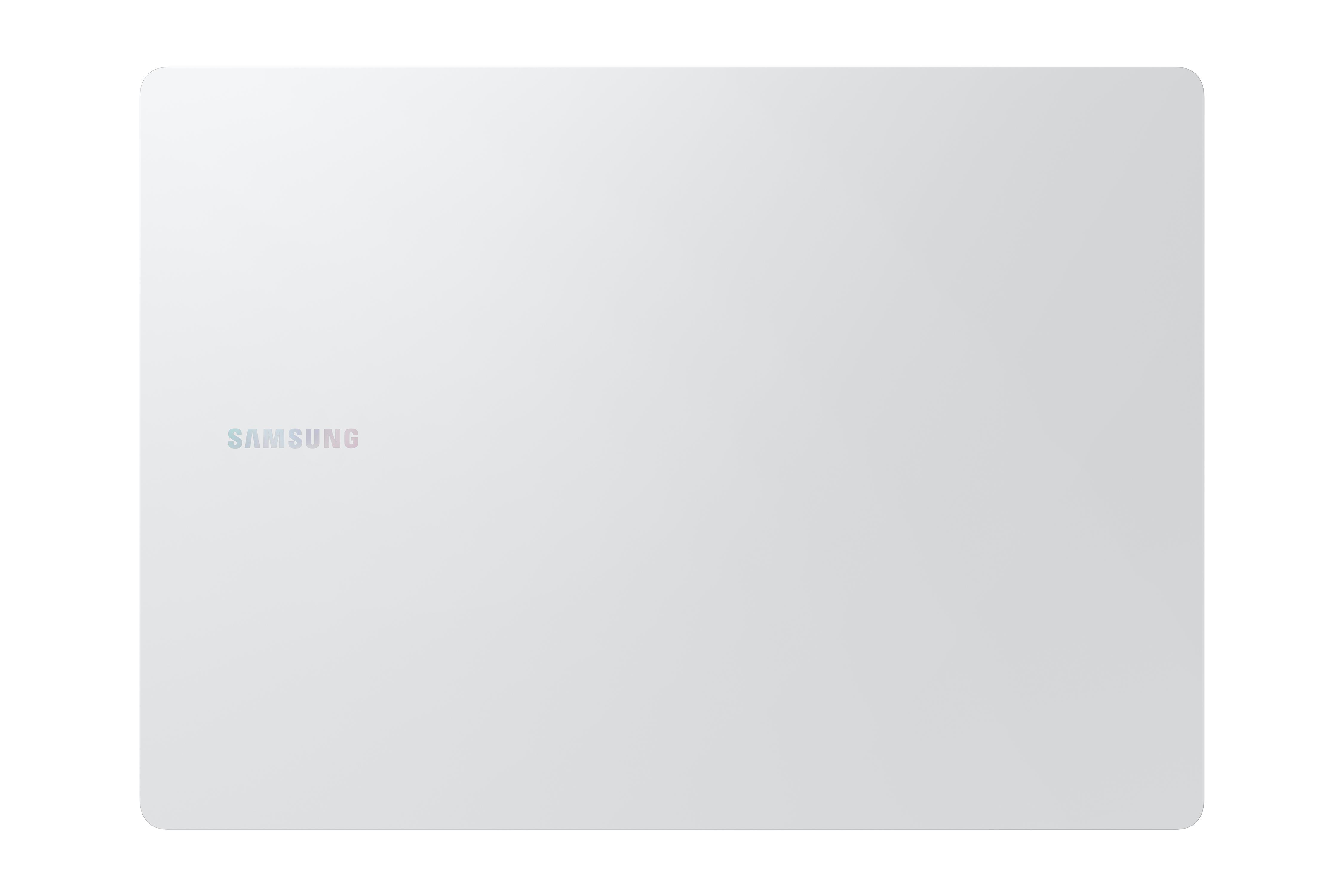 Weißes Samsung Tablet mit Logo unten links, schlichter Hintergrund.