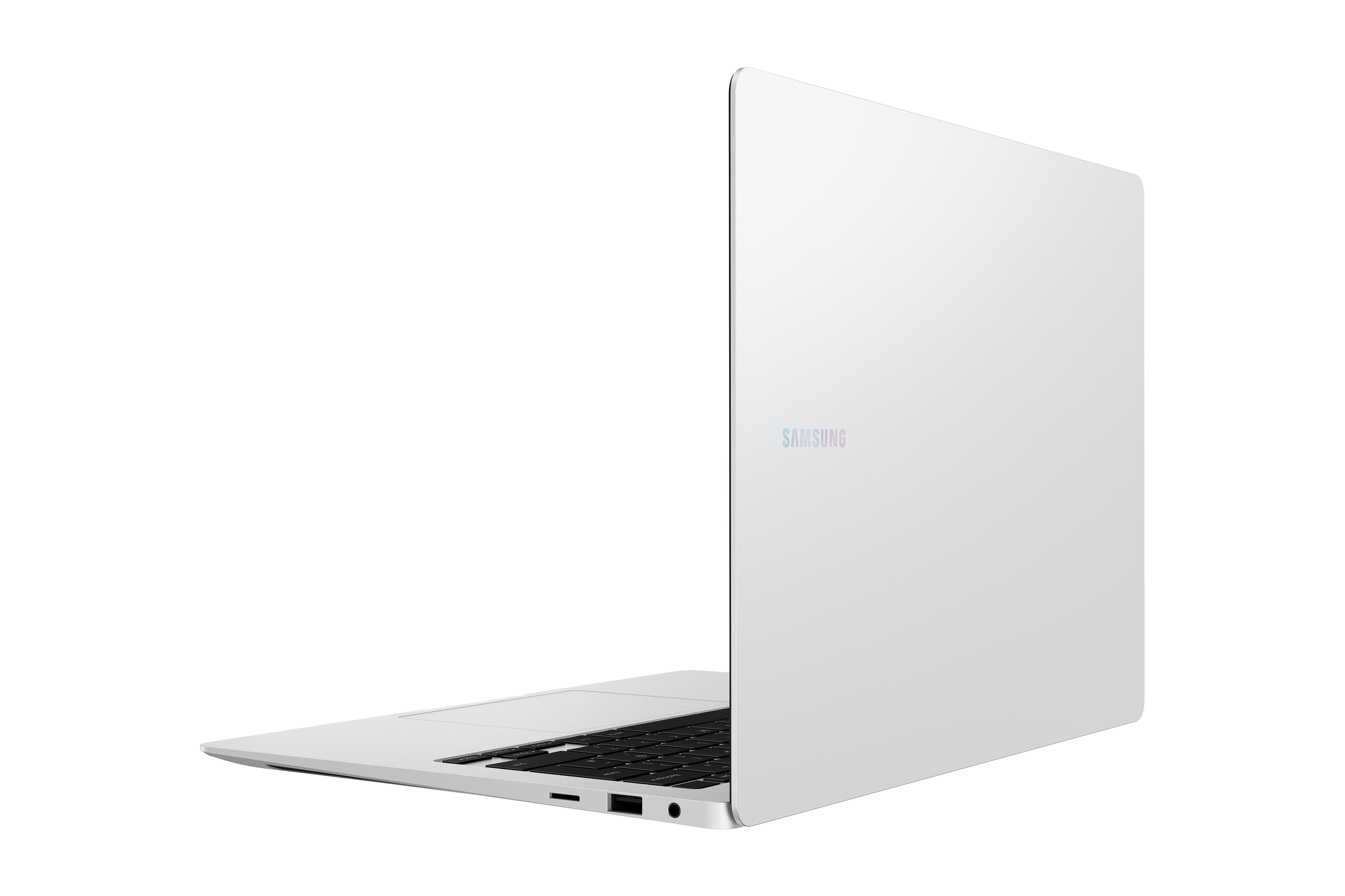 Weißer Laptop, geöffnet, angewinkelte Ansicht. Samsung-Logo auf der Rückseite sichtbar.