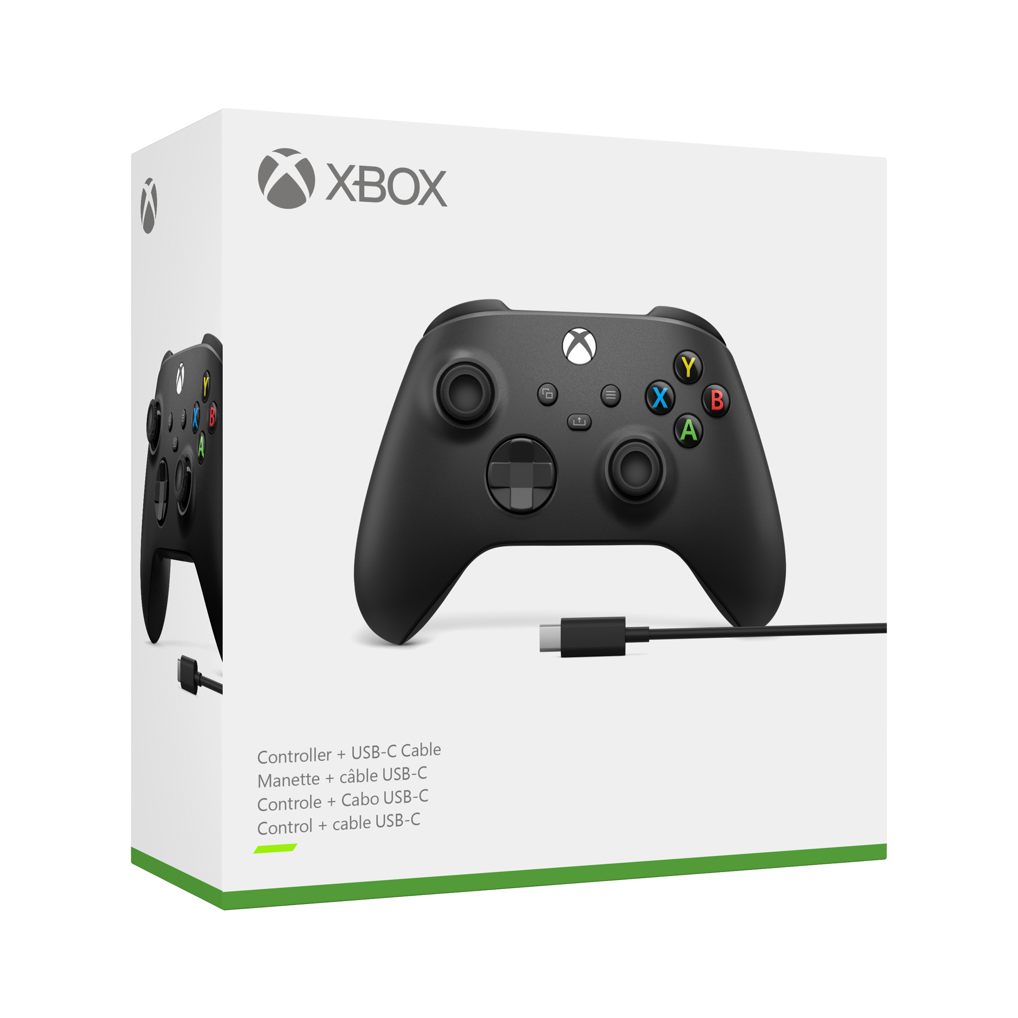 Mando de Xbox en su caja. El mando es negro.