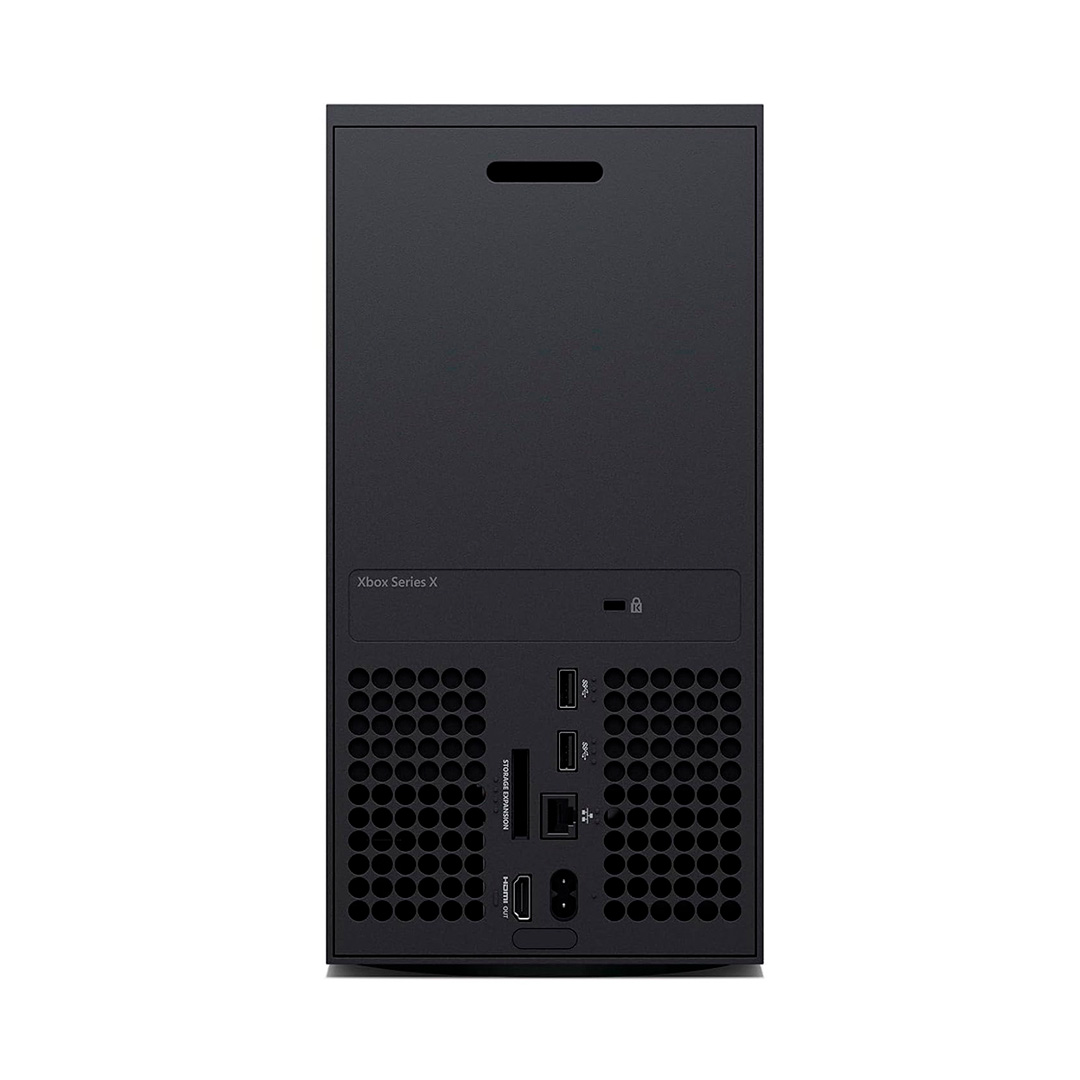 Consola Xbox Series X negra. La parte trasera muestra puertos y el logotipo de Xbox Series X.